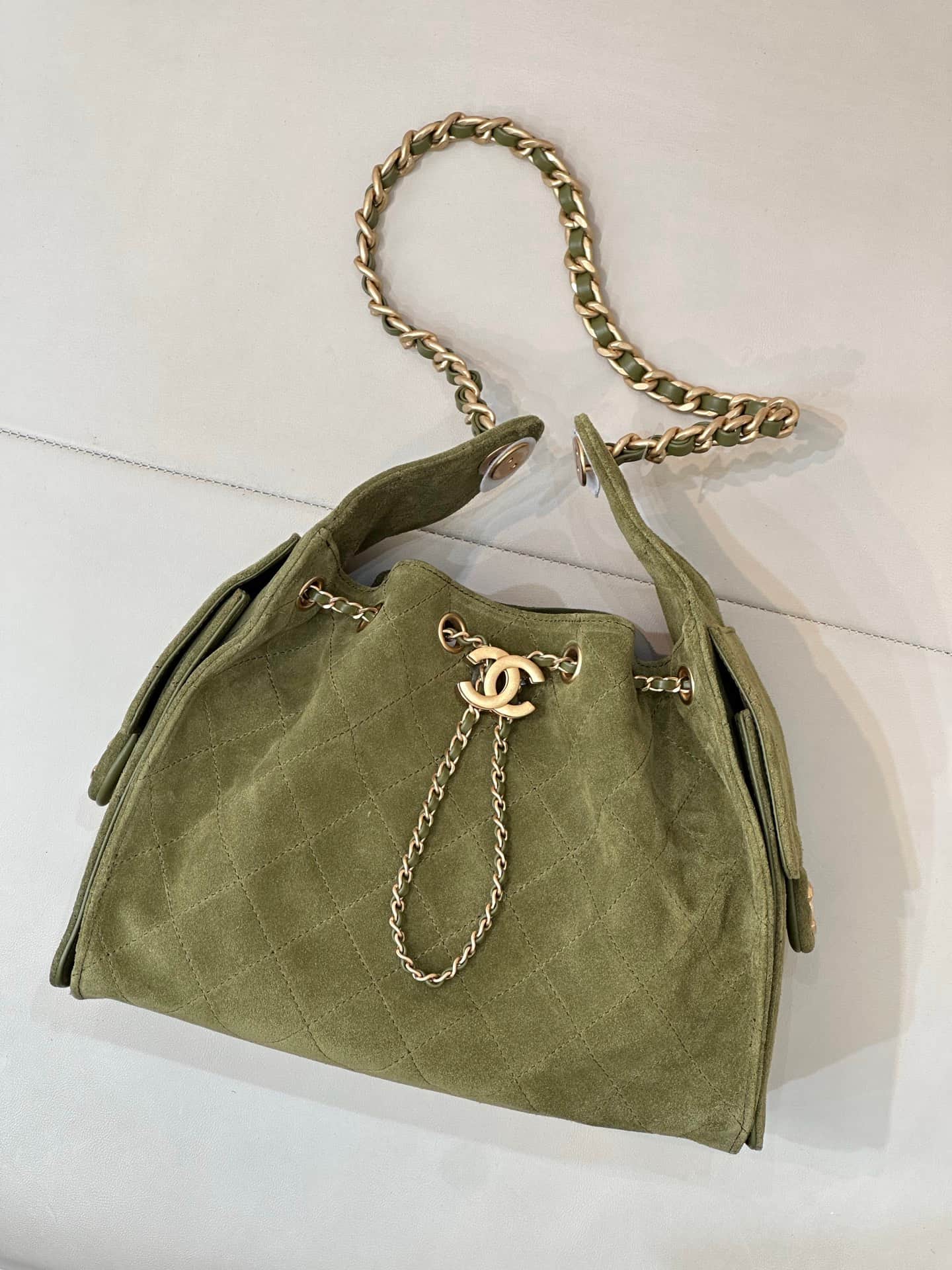 Chanel 25 Small Hobo handbag AS5293 Suede&Gold-tone Metal Green TOP