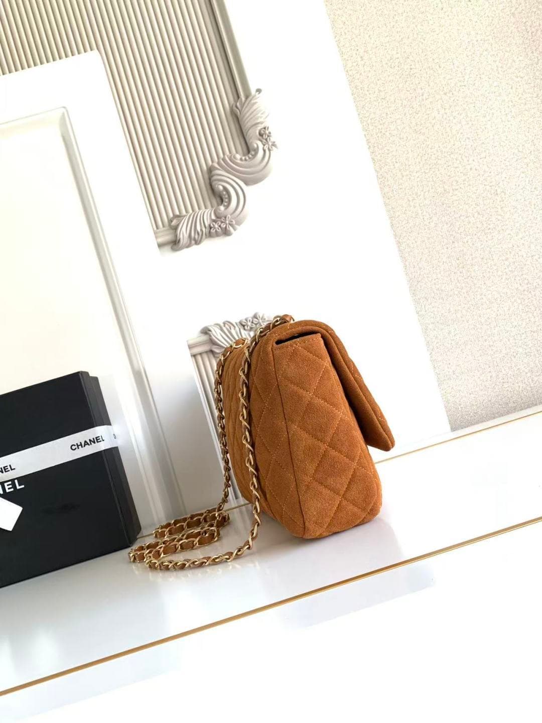 Chanel Classic Flap bag in Tan Suede & Gold-Tone Metal AS5987 A