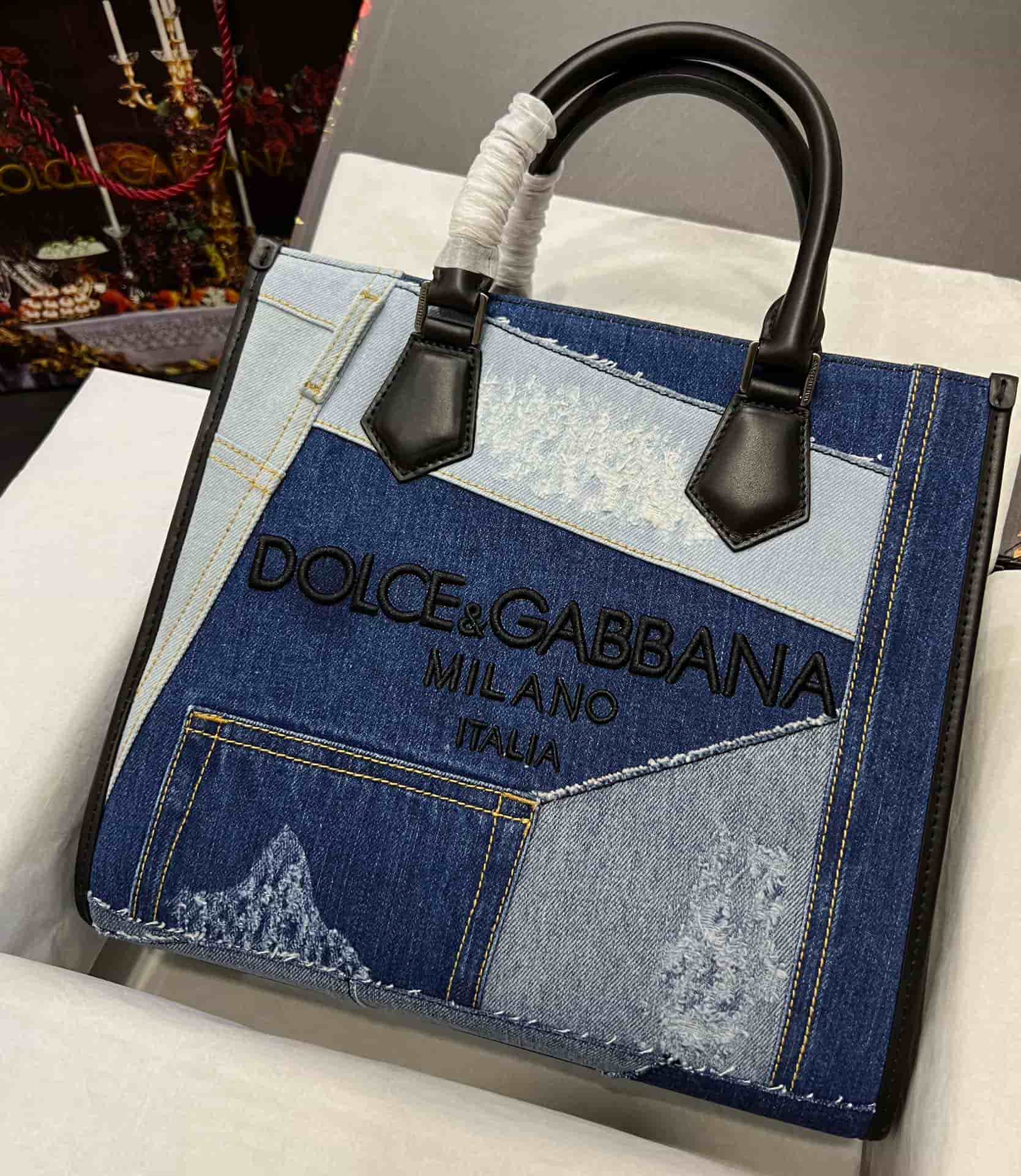 Dolce & Gabbana denim patchwork shopper bag in blue and black with calfskin leather high