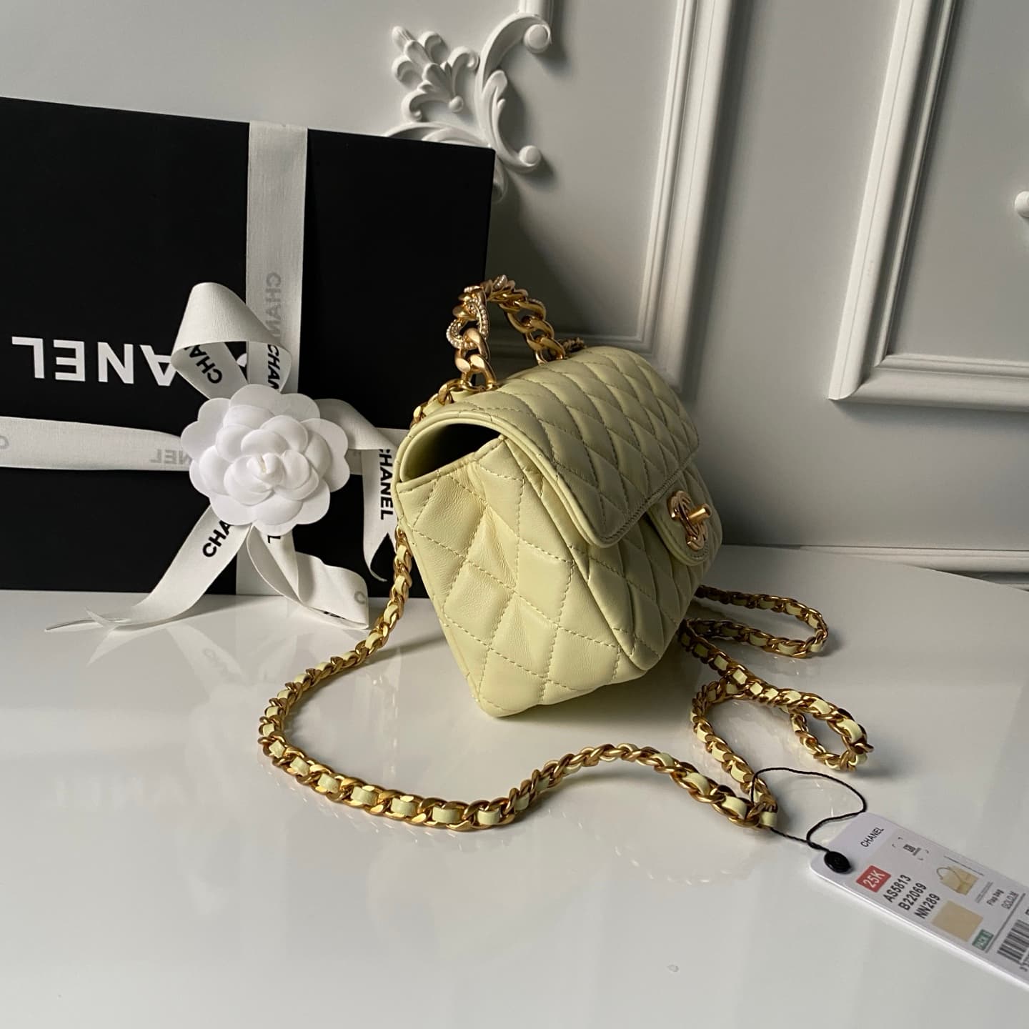Chanel Mini Flap Bag with Top Handle Lambskin& Gold-tone Metal Light Yellow AS5814 A