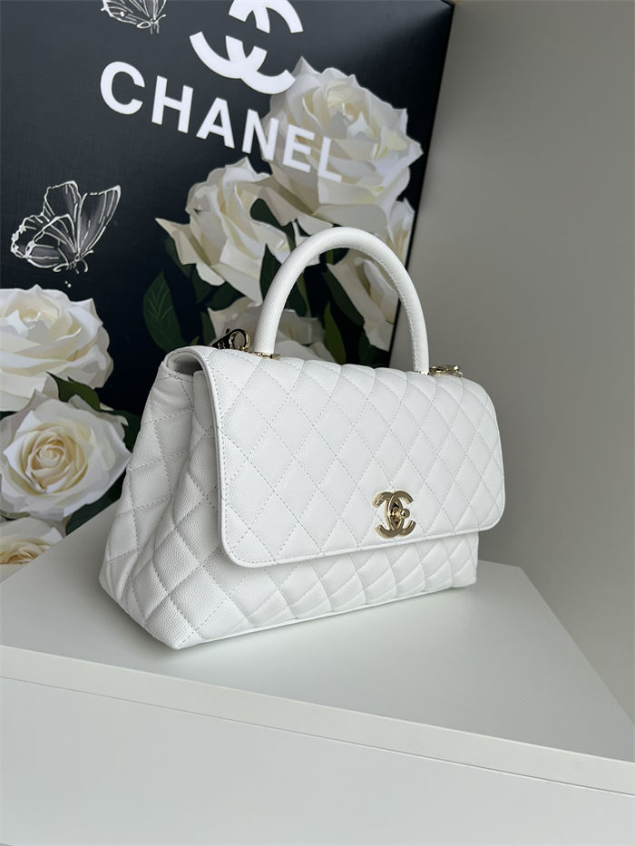 Medium FLAP BAG WITH TOP HANDLE Grained Calfskin White-binding Gold Metal High