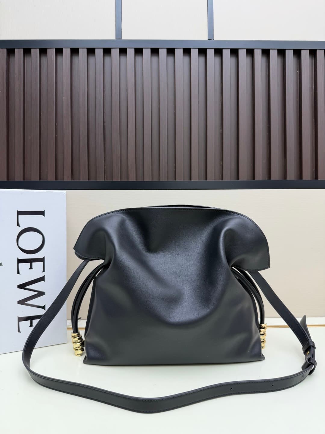 Loewe Medium Flamenco Ruched Clutch Bag in Black Leather High