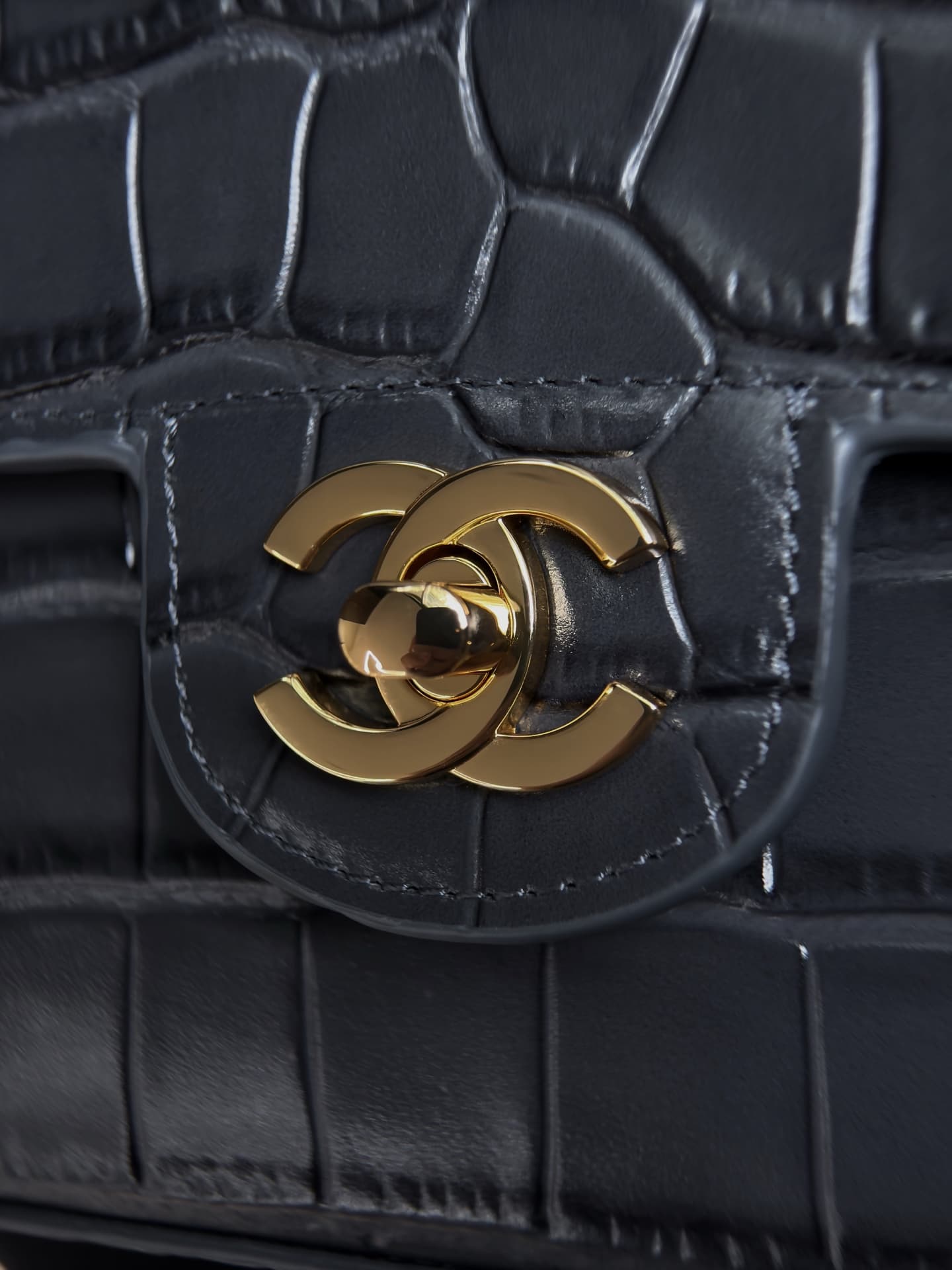Chanel Mini Flap Bag with Top Handle Crocodile Embossed Calfskin & Gold-Tone Metal AS6424 A