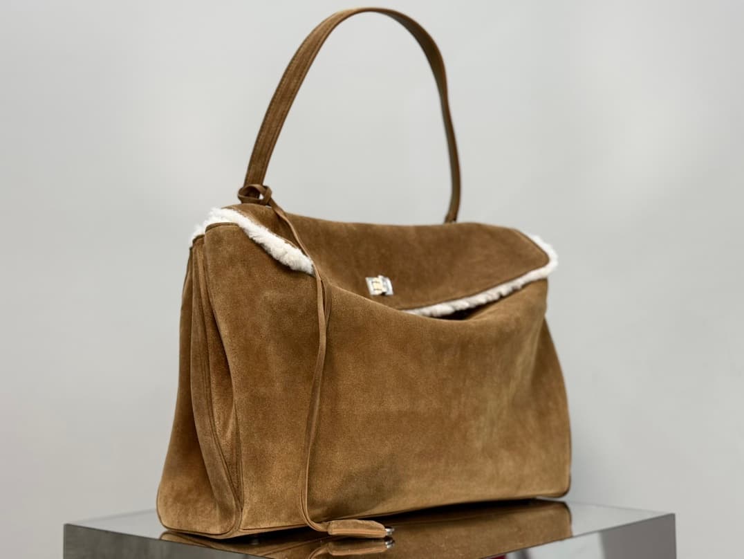 Balenciaga Rodeo Large Bag in Noce Suede Calfskin and White Fleece With Silver-Tone Metal TOP