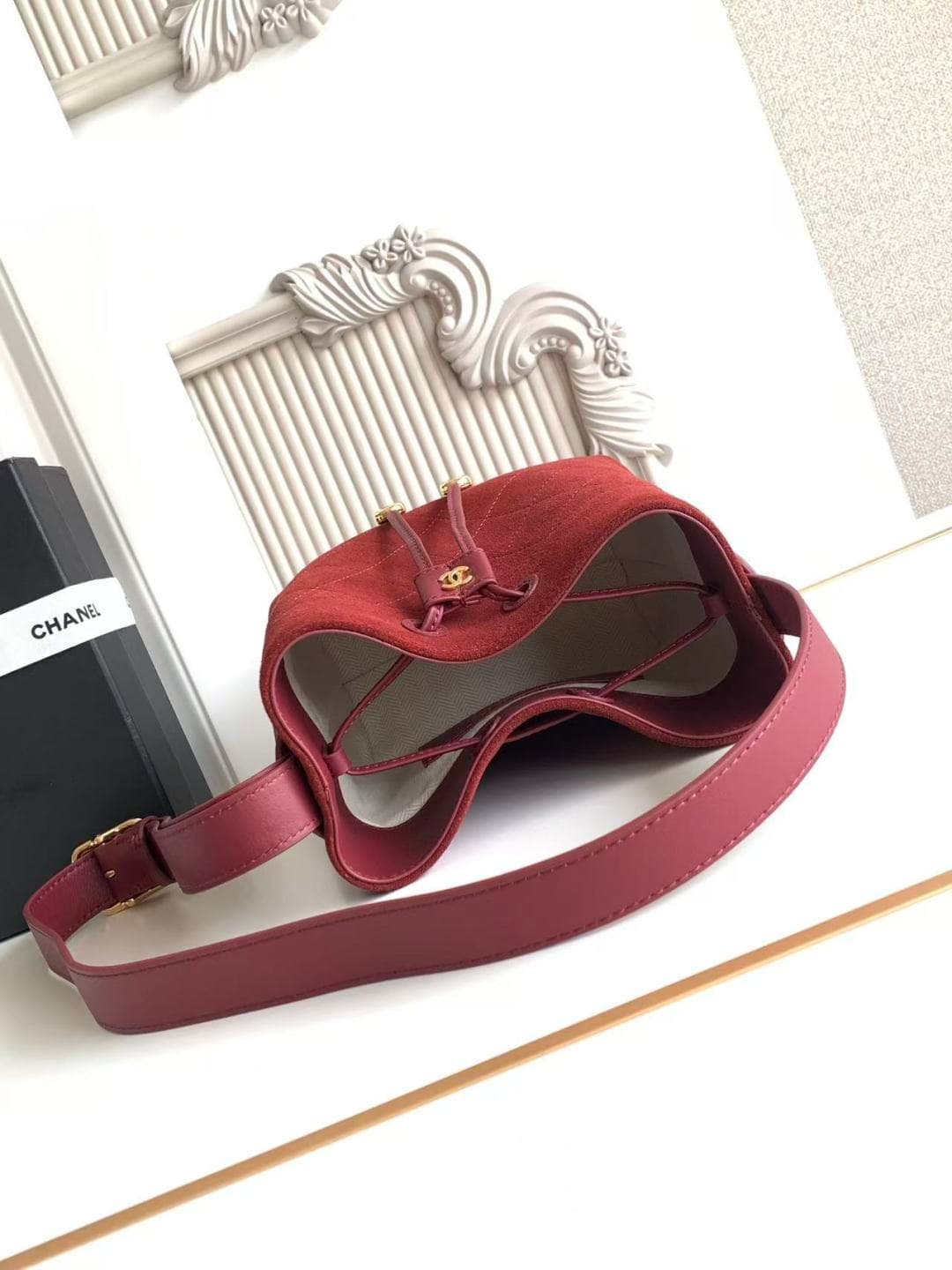 Chanel Small Bucket Bag Suede Calfskin & Gold-Tone Metal Burgundy AS6537 A