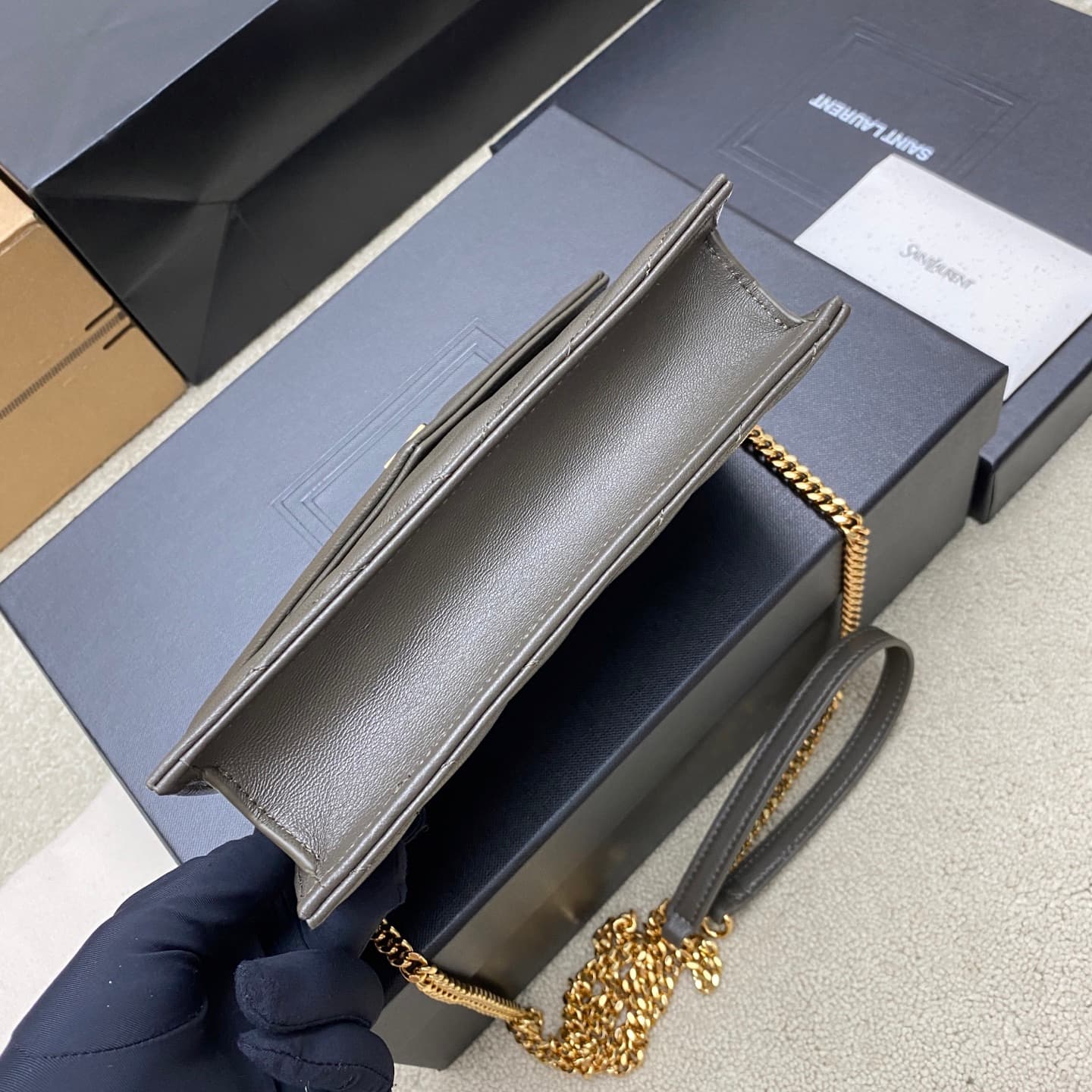 Saint Laurent Monogram Matelassé Cassandre Wallet on Chain Green Lambskin 393953 High
