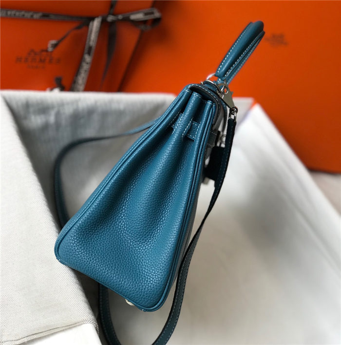 Hermes Kelly 25/28/32cm Retourne Bag Togo Leather In Agate Blue WAX High