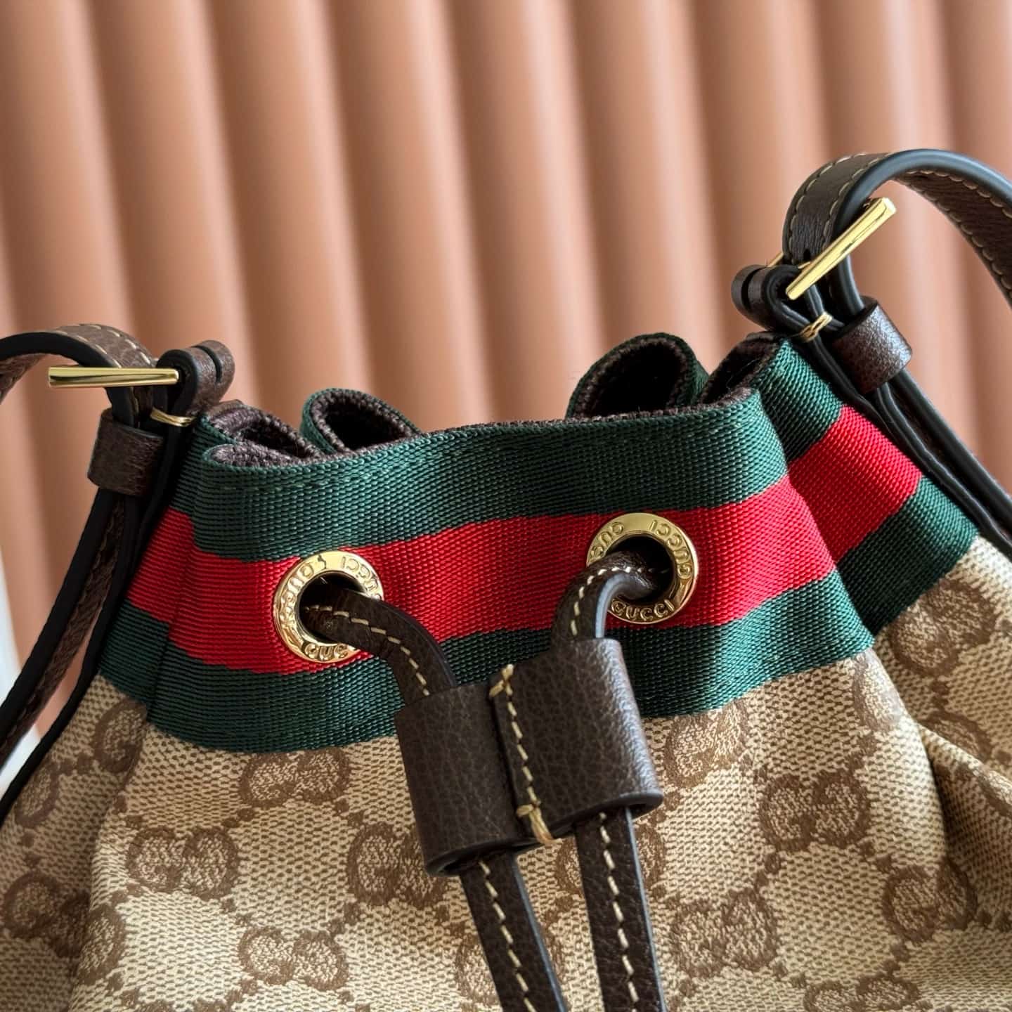 Gucci Mini bucket bag with Web Sand and dark brown GG coated canvas 876060 High