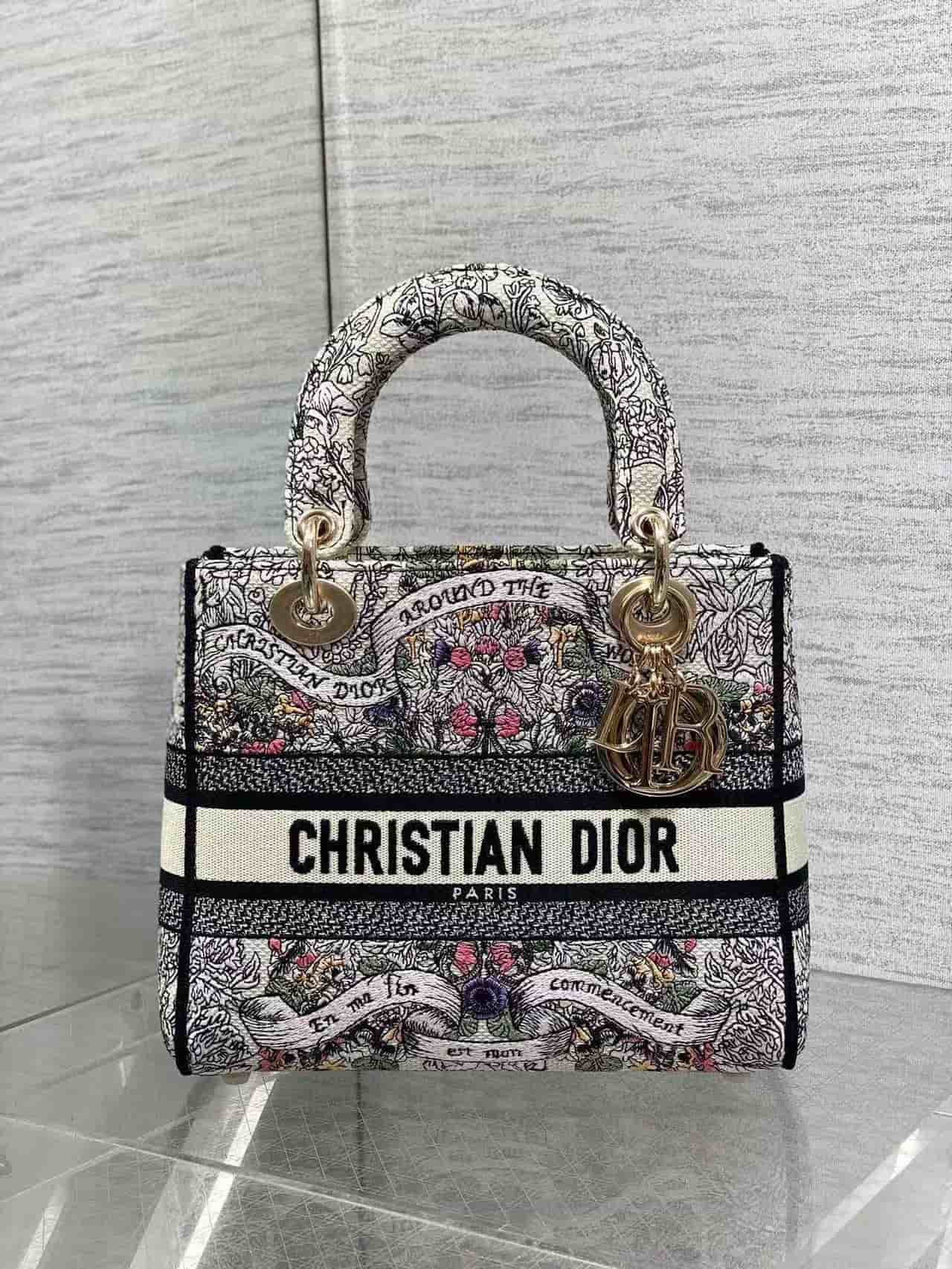 Medium Lady D-Lite Bag Latte Embroidery with Multicolor Dior Around the World Motif High