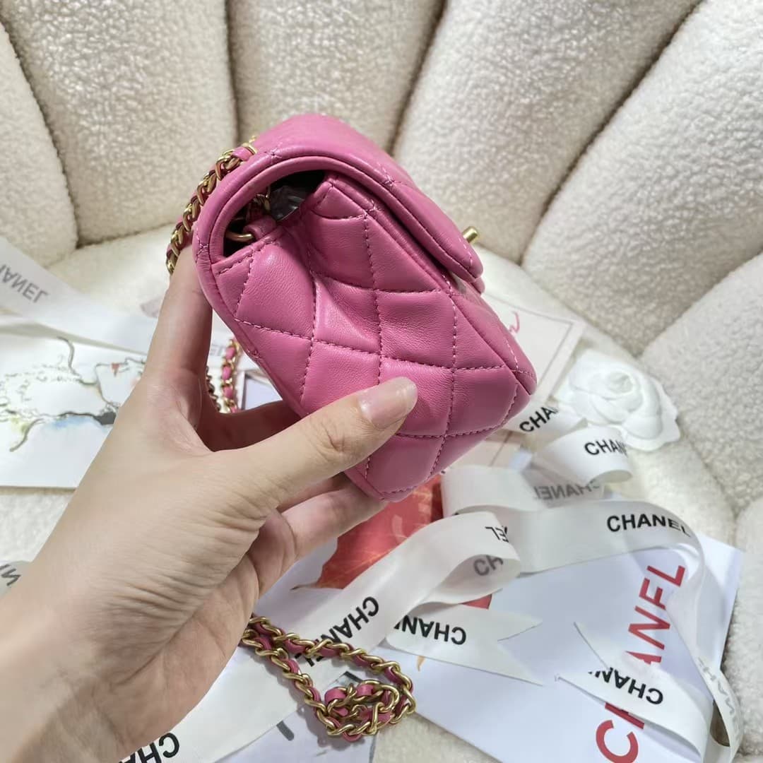 Mini FLAP BAG Lambskin Gold-Metal AS1787 Rose Red A