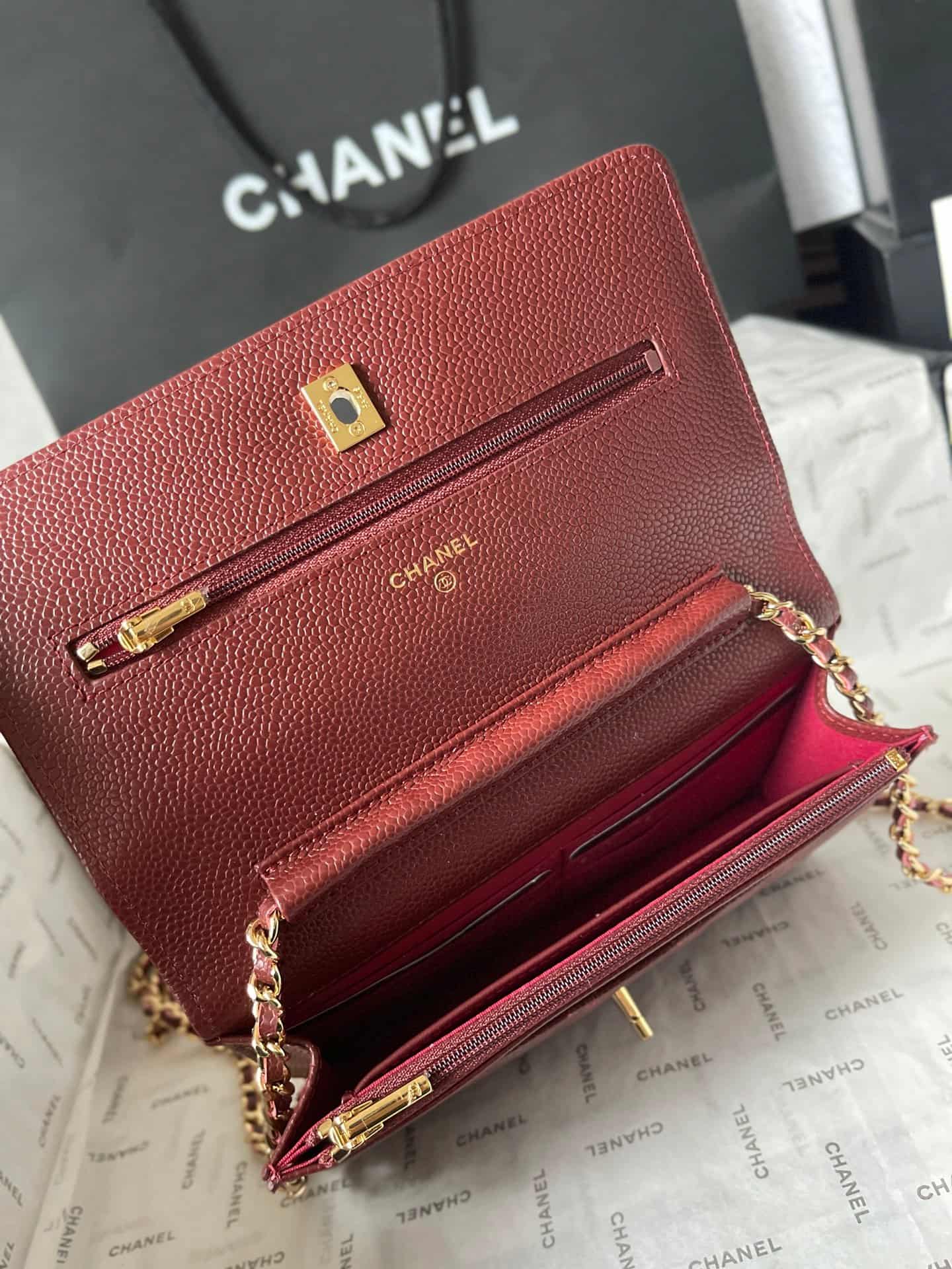 Chanel Classic Wallet on Chain Grained Shiny Calfskin & Gold-Tone Metal AP4241 Dark Brown A