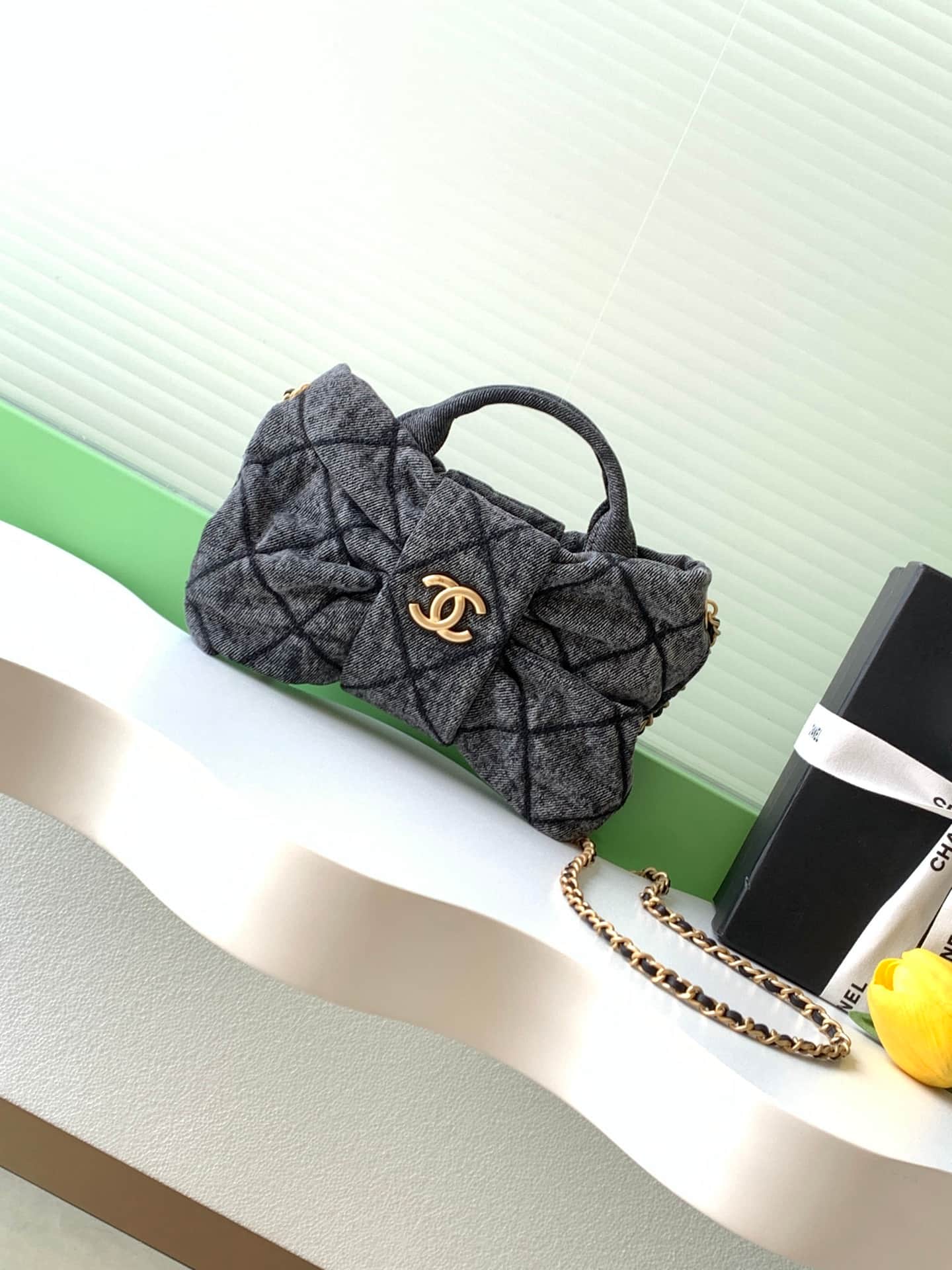 Chanel Mini Bow Bag Denim & Gold-Tone Metal Black AS5849 A