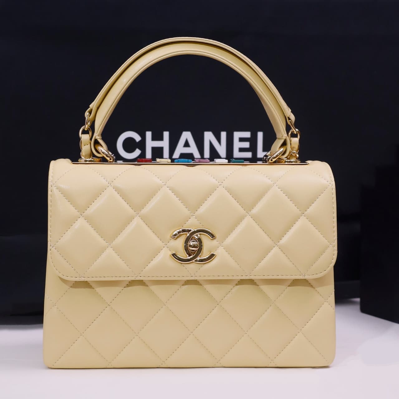 SMALL FLAP BAG WITH TOP HANDLE Lambskin Gold Metal Light Yellow A