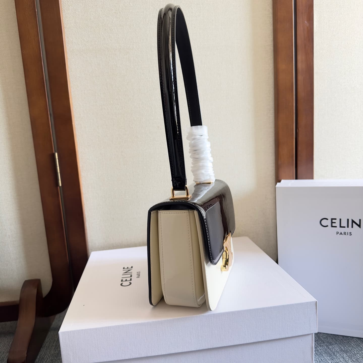 Celine Teen Garance Shoulder Bag in Black-White Patent Calfskin High