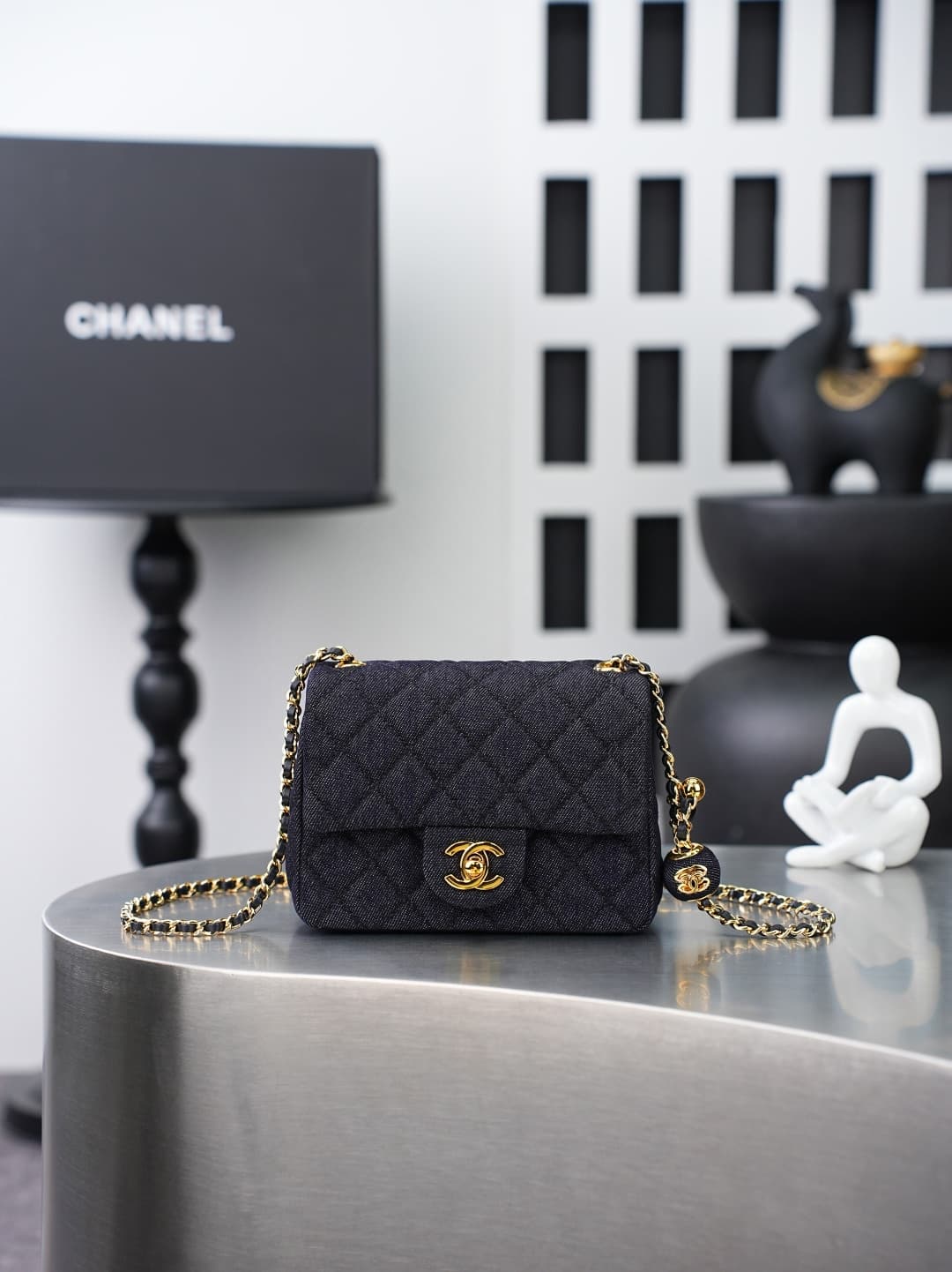 SUPER MINI FLAP BAG Denim & Gold-Tone Metal Dark Black AS1786 A