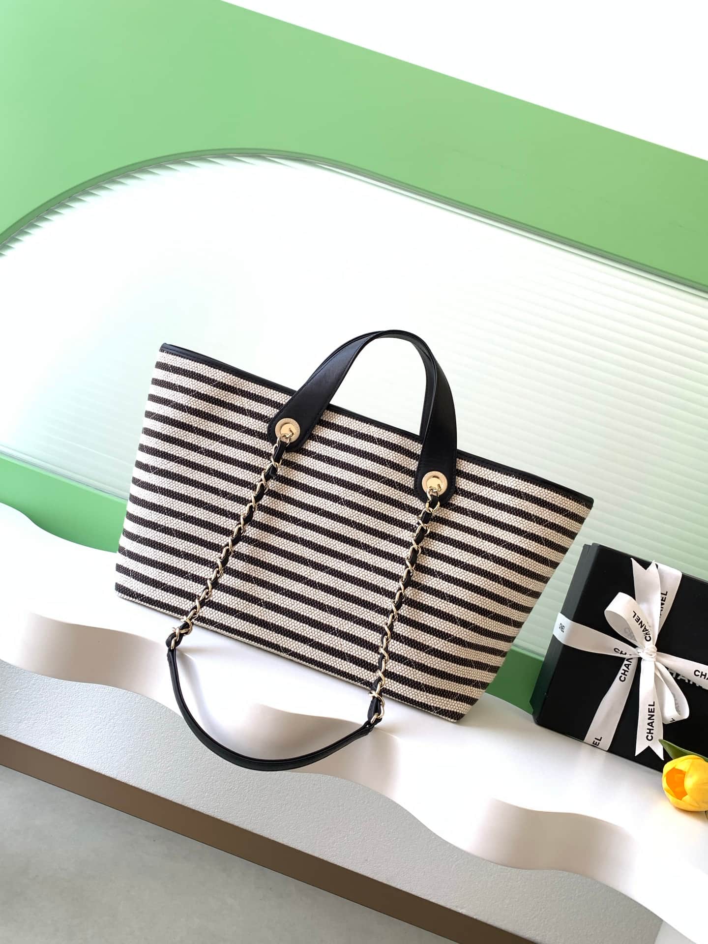 Chanel Deauville tote bag Striped canvas & Gold-Tone Metal Black AS6007 A