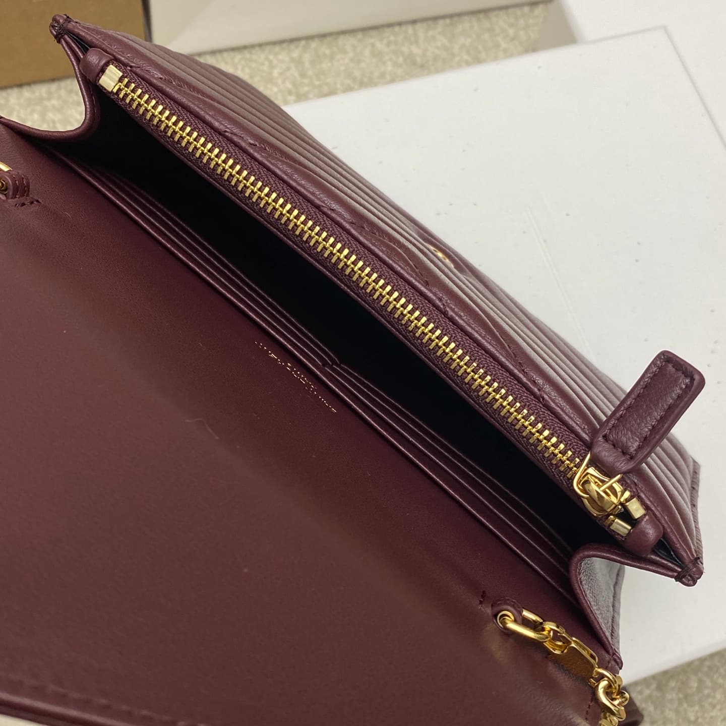 Saint Laurent Monogram Matelassé Cassandre Wallet on Chain Burgundy Lambskin 393953 High