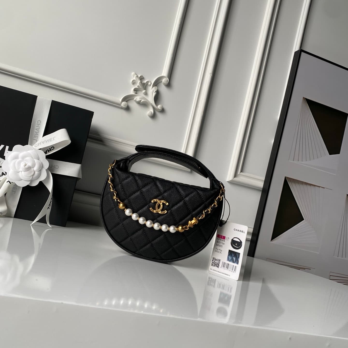 Chanel mini round hobo pouch bag AP4584 Grained Calfskin & gold-tone metal black high