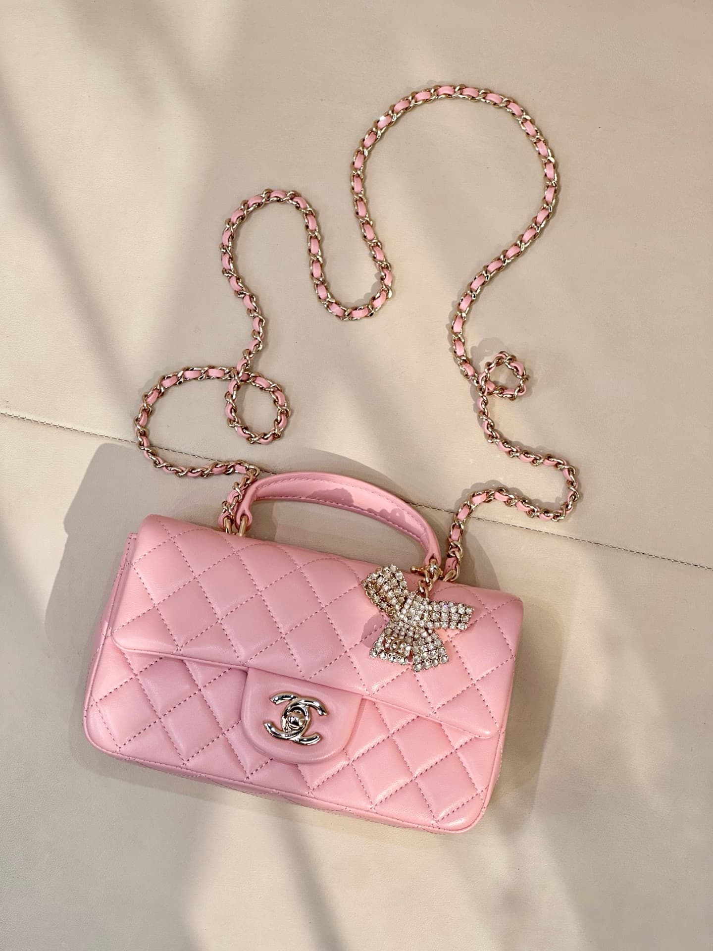 Chanel Mini Classic Handbag Lambskin Strass & Gold-Tone Metal AS2431 pink TOP
