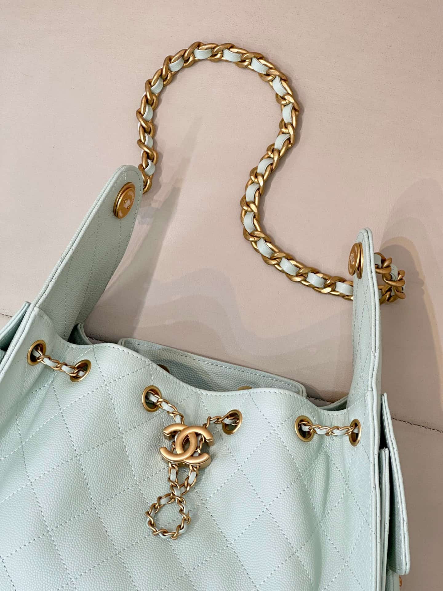 Chanel 25 Small Hobo handbag AS5293 Grained Calfskin & Gold-tone Metal Light Blue TOP