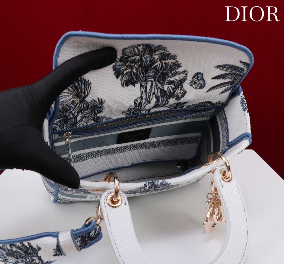 Medium Lady D-Lite Bag White and Blue Toile de Jouy Palms Embroidery High