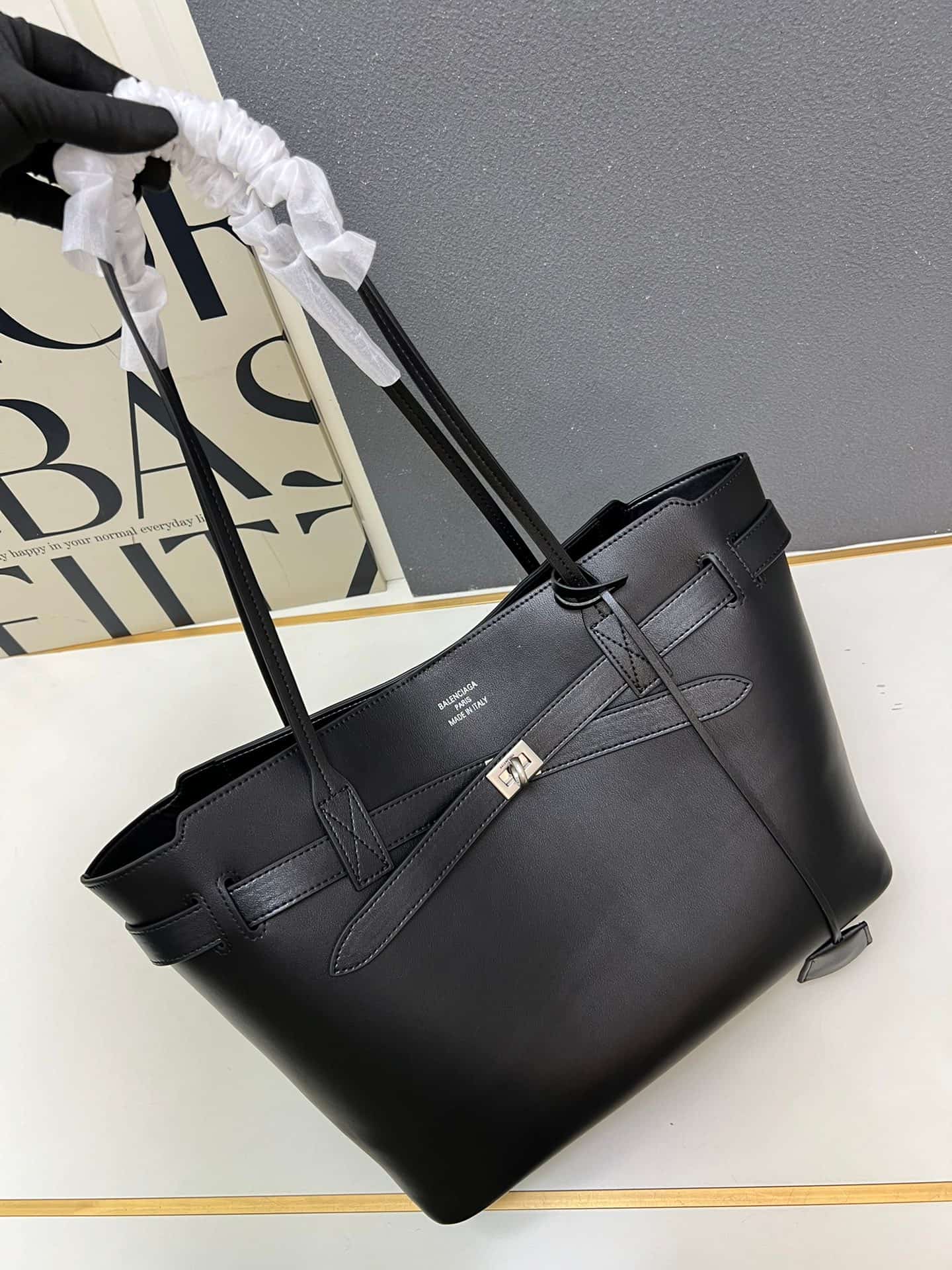 Balenciaga Bel Air Tote Bag Large in black smooth calfskin silver hardware 1W5047 High