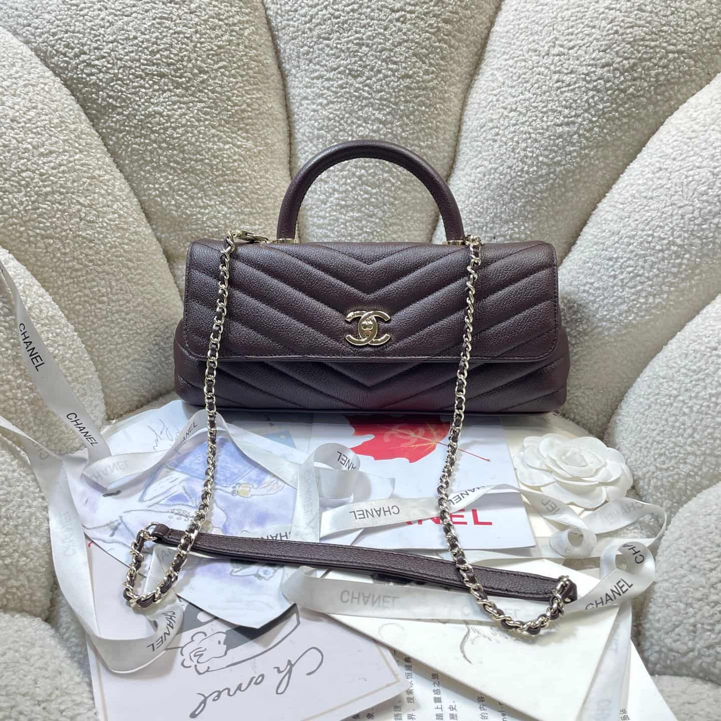 Chanel Maxi Flap Bag with Top Handle Calfskin& Gold-Tone Metal AS6091 Dark Brown A