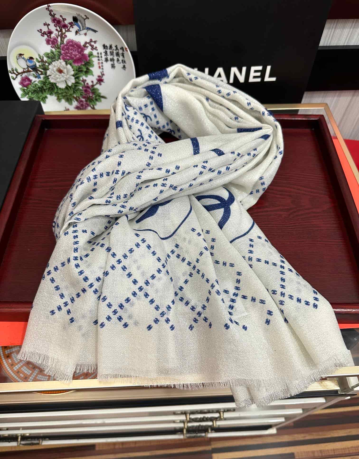 Chanel interlocking CC logo cashmere silk stole scarf