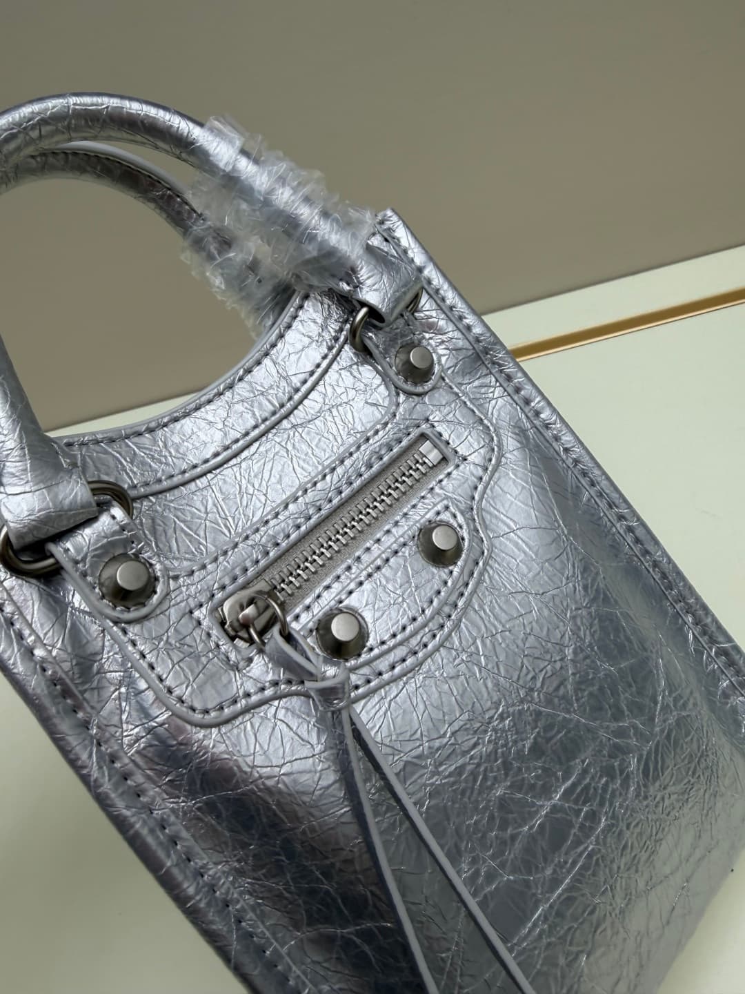Balenciaga Le City Leather Tote Phone Holder Silver High