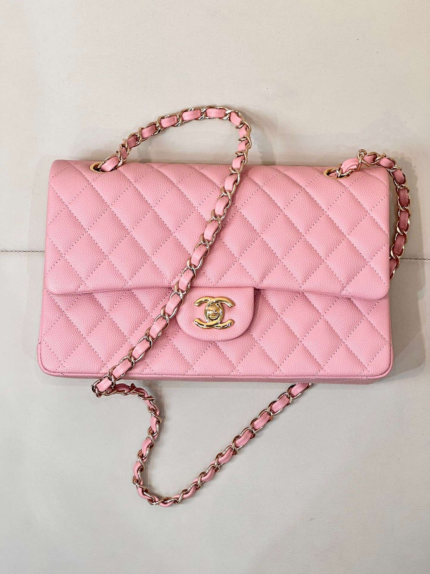 Chanel Medium CLASSIC HANDBAG Grained Calfskin Pink Gold Metal TOP