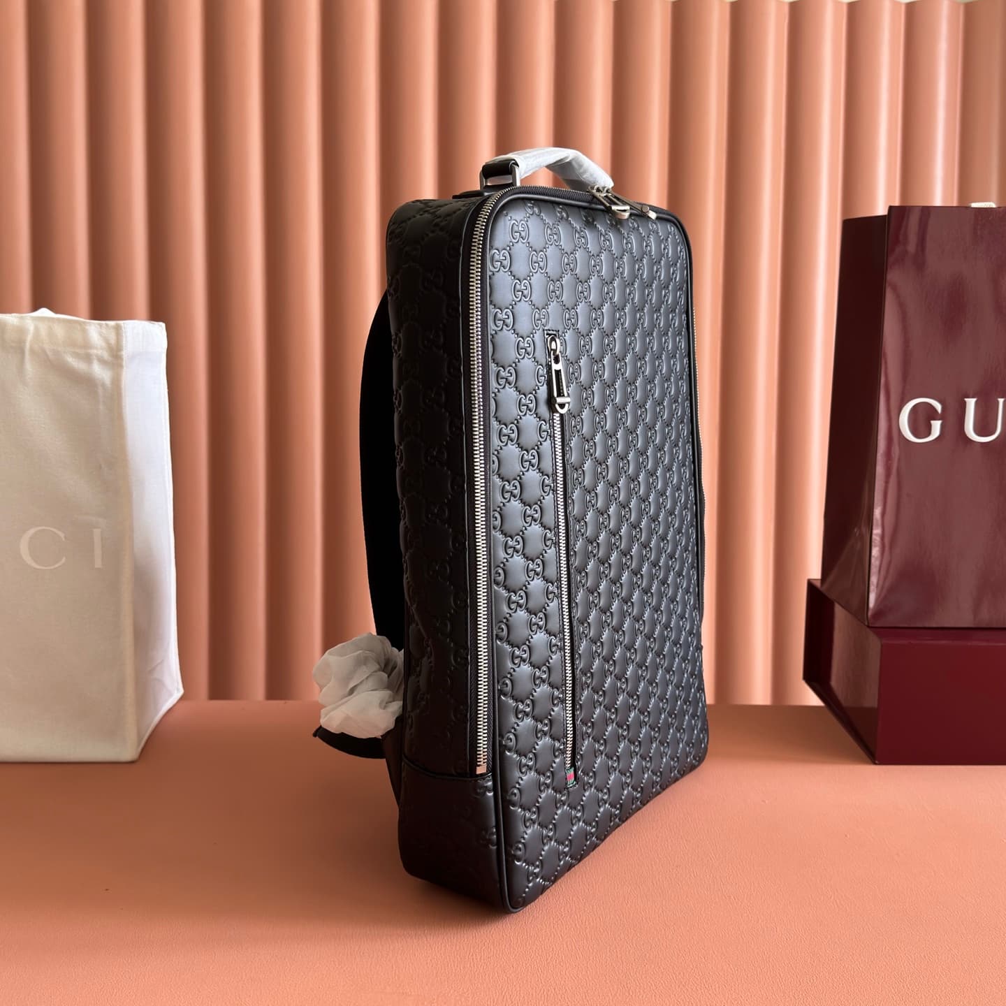 Gucci GG Emblem medium backpack Black embossed GG smooth leather 857974  High