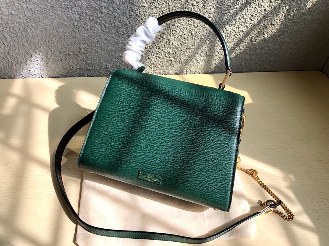 Valentino Small Vsling Handbag In Dark Green Grainy Calfskin High