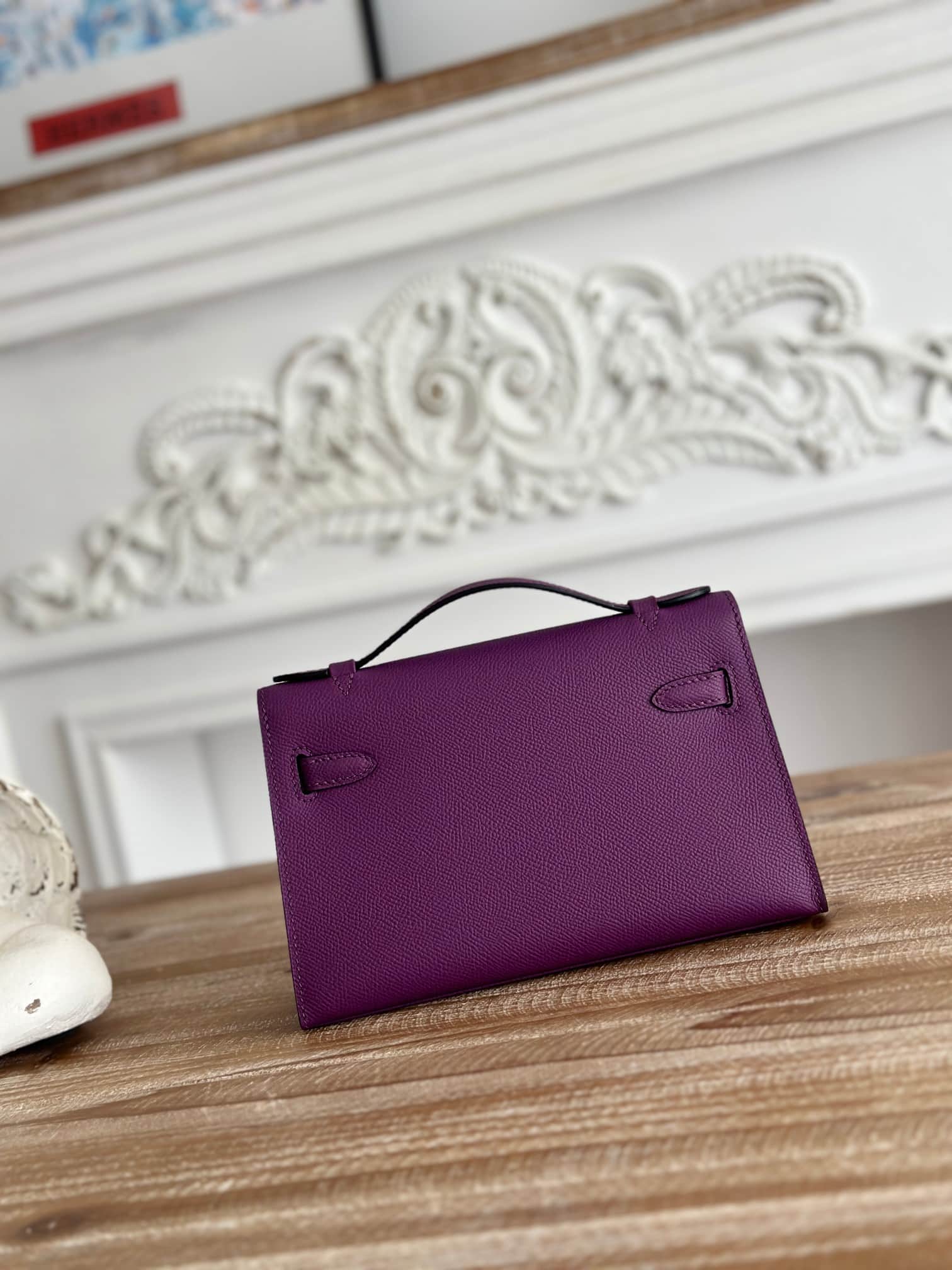 Hermes Kelly Pochette Bag Epsom Leather Silver/Gold Metal Anemone WAX High