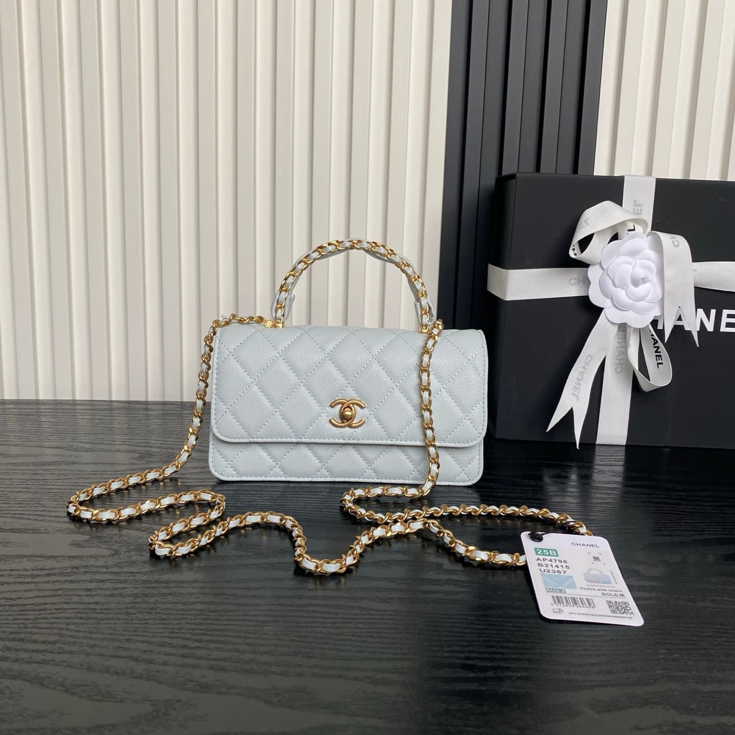 Chanel Mini Flap Bag with Top Handle Grained Shiny Calfskin & Gold-Tone Metal Blue AP4798 A
