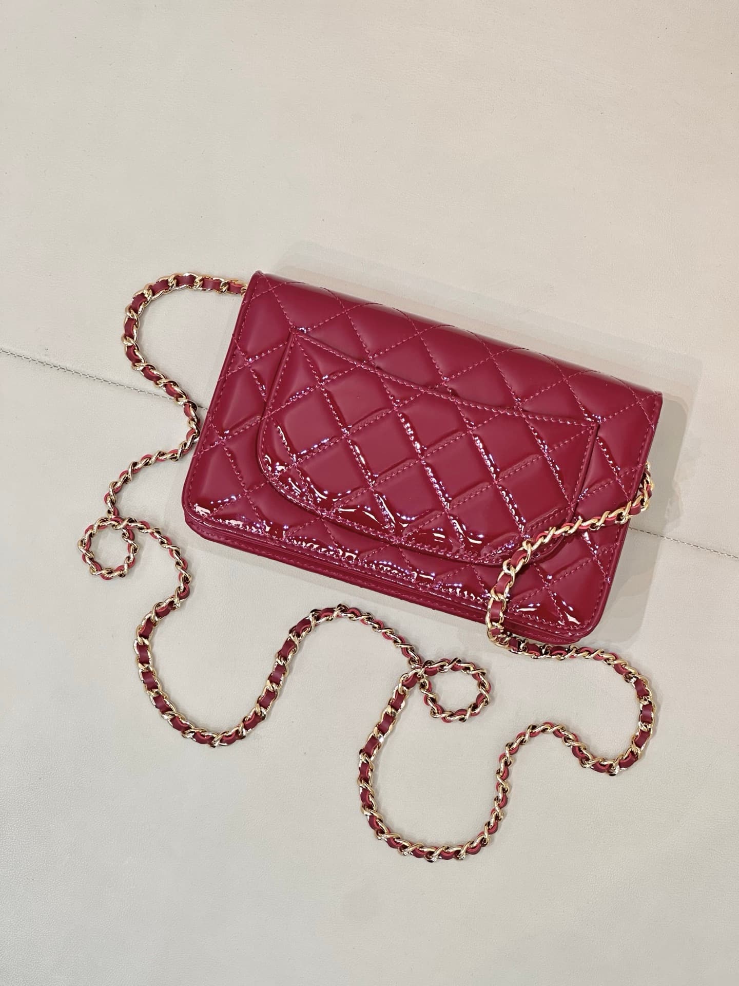 Chanel Classic Wallet on Chain Patent Quilted & Gold-Tone Metal AP4241 Burgundy TOP