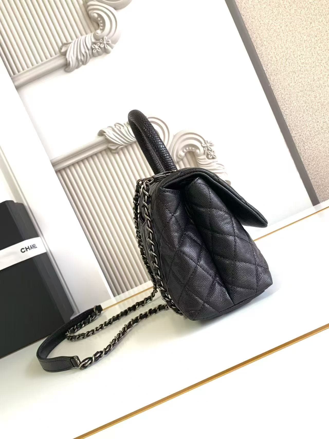 SMALL FLAP BAG WITH TOP HANDLE Grained Calfskin Black-binding Anti-silver Metal High