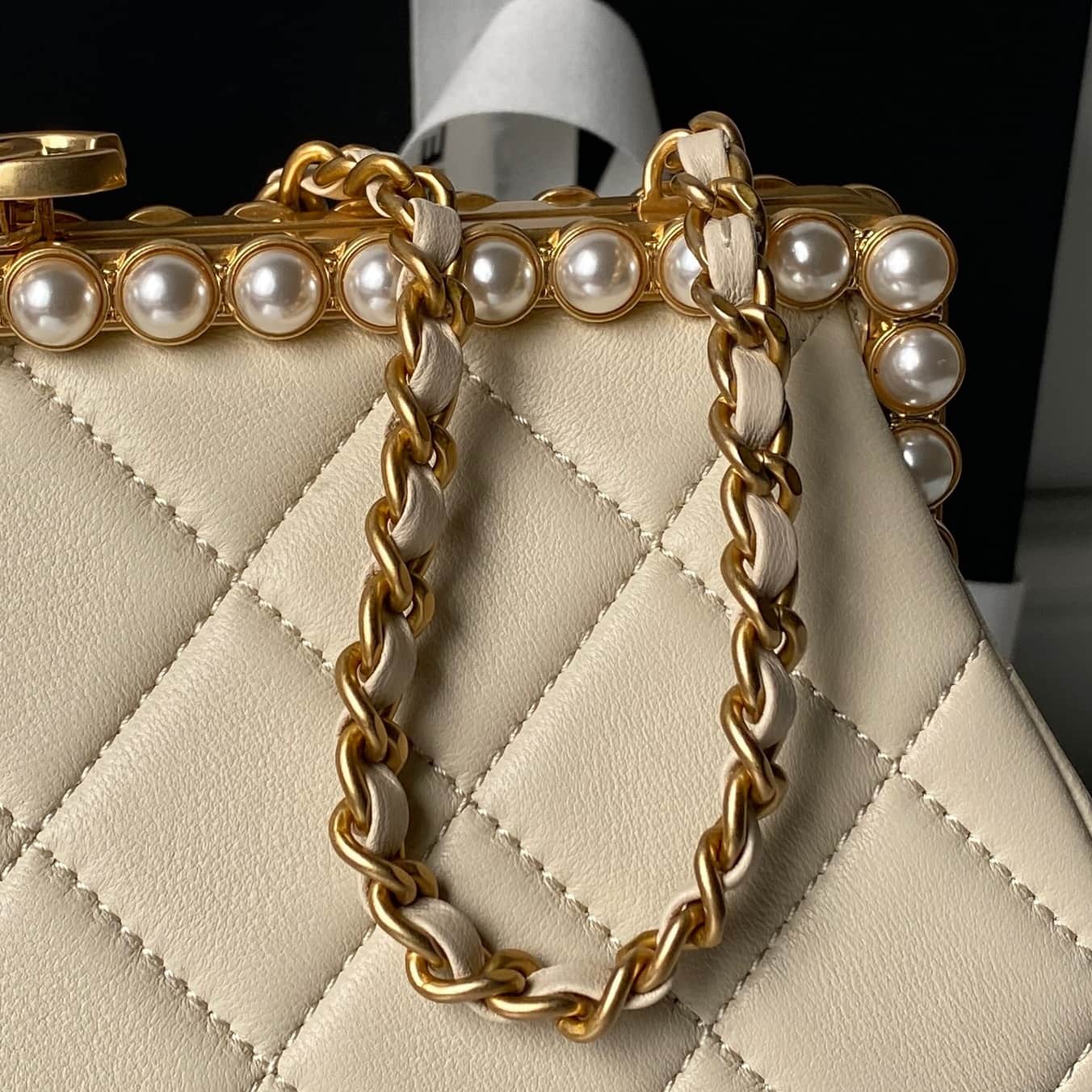 Chanel Pearly Lambskin Imitation Pearls & Gold-Tone Metal Beige AS5912 A