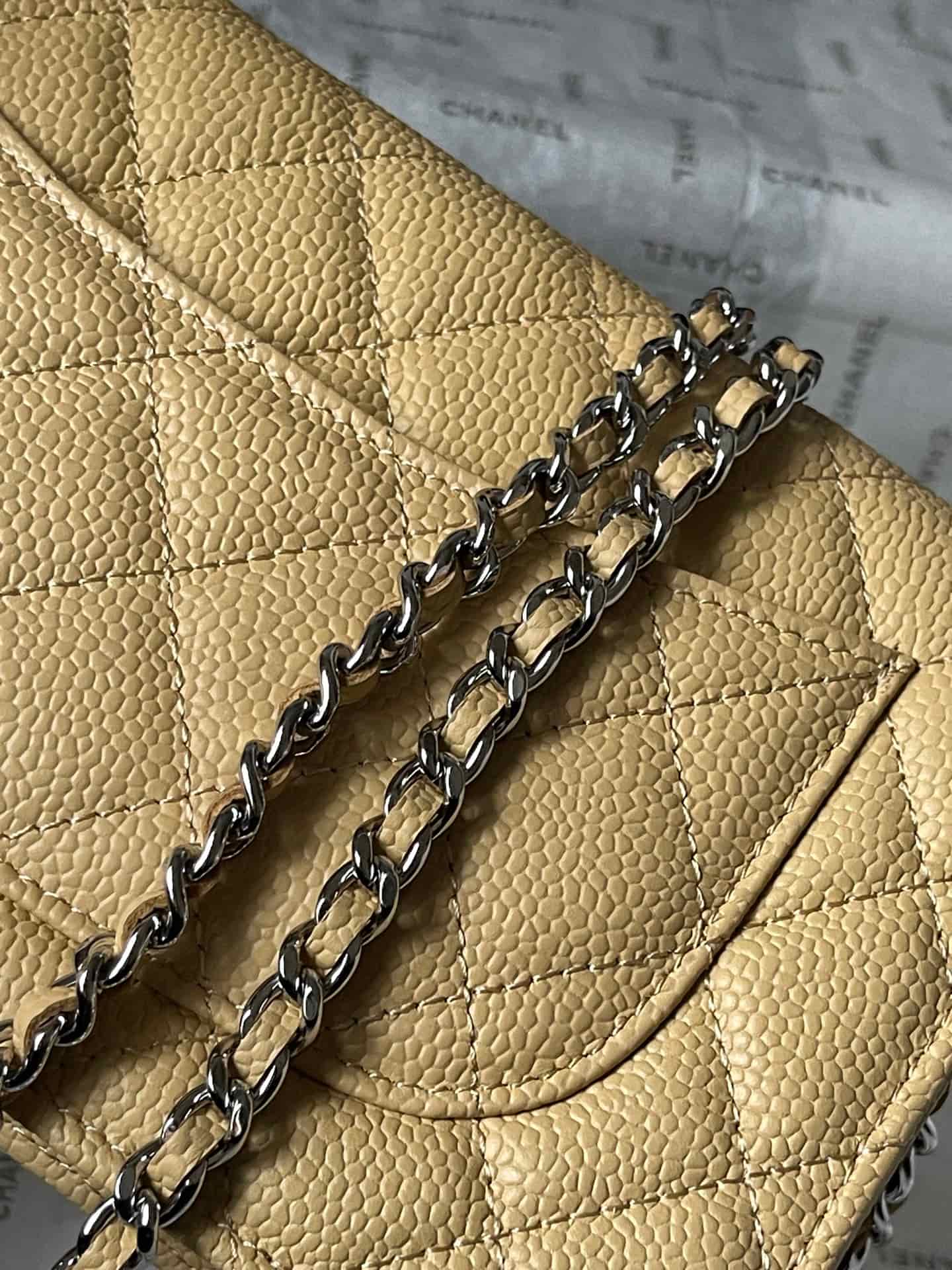 Chanel Classic Wallet on Chain Grained Shiny Calfskin & Silver-Tone Metal AP4241 Beige A