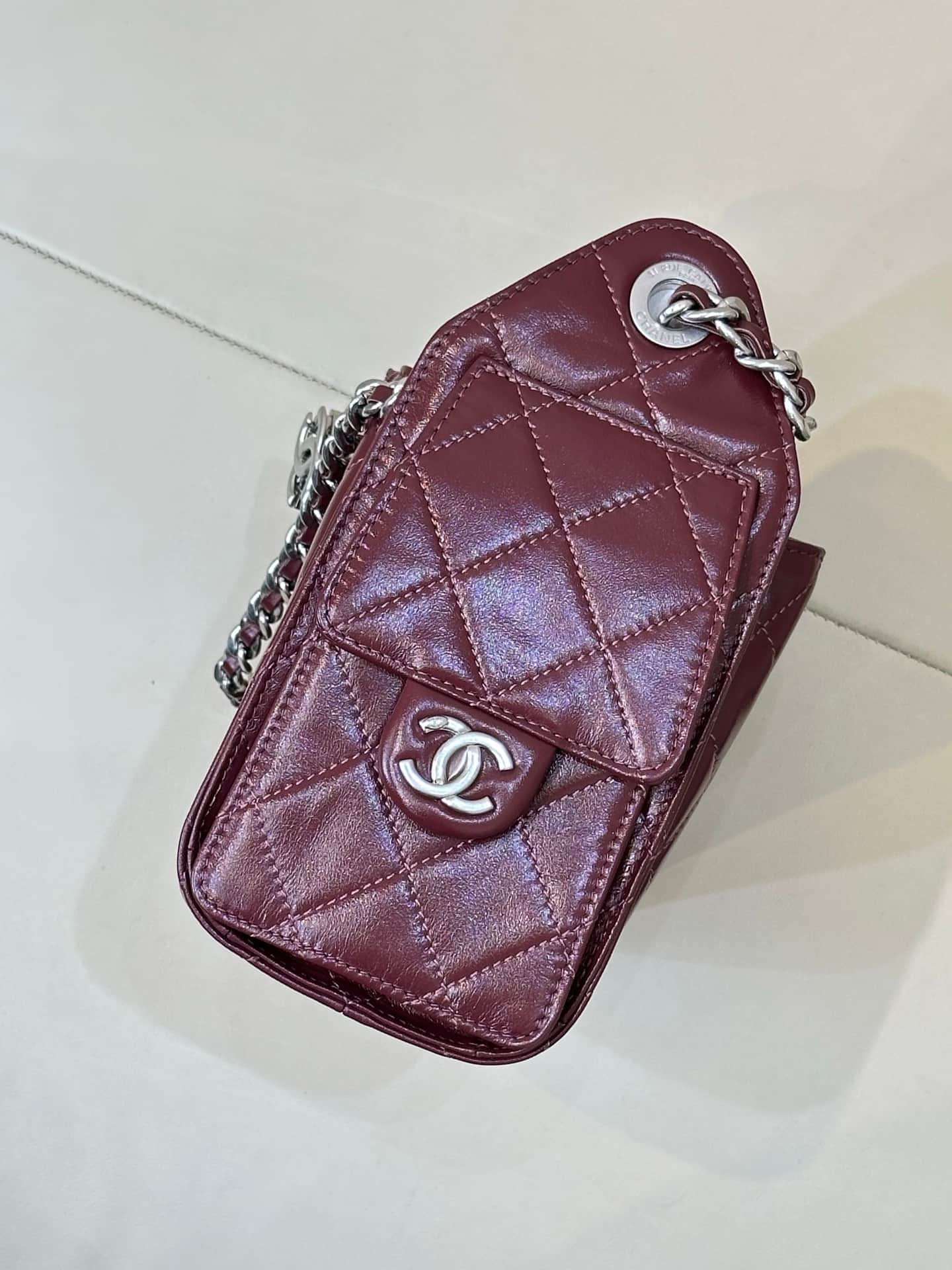 CHANEL 25 Mini Handbag AS5631 Shiny Calfskin & Silver-tone Metal Burgundy TOP