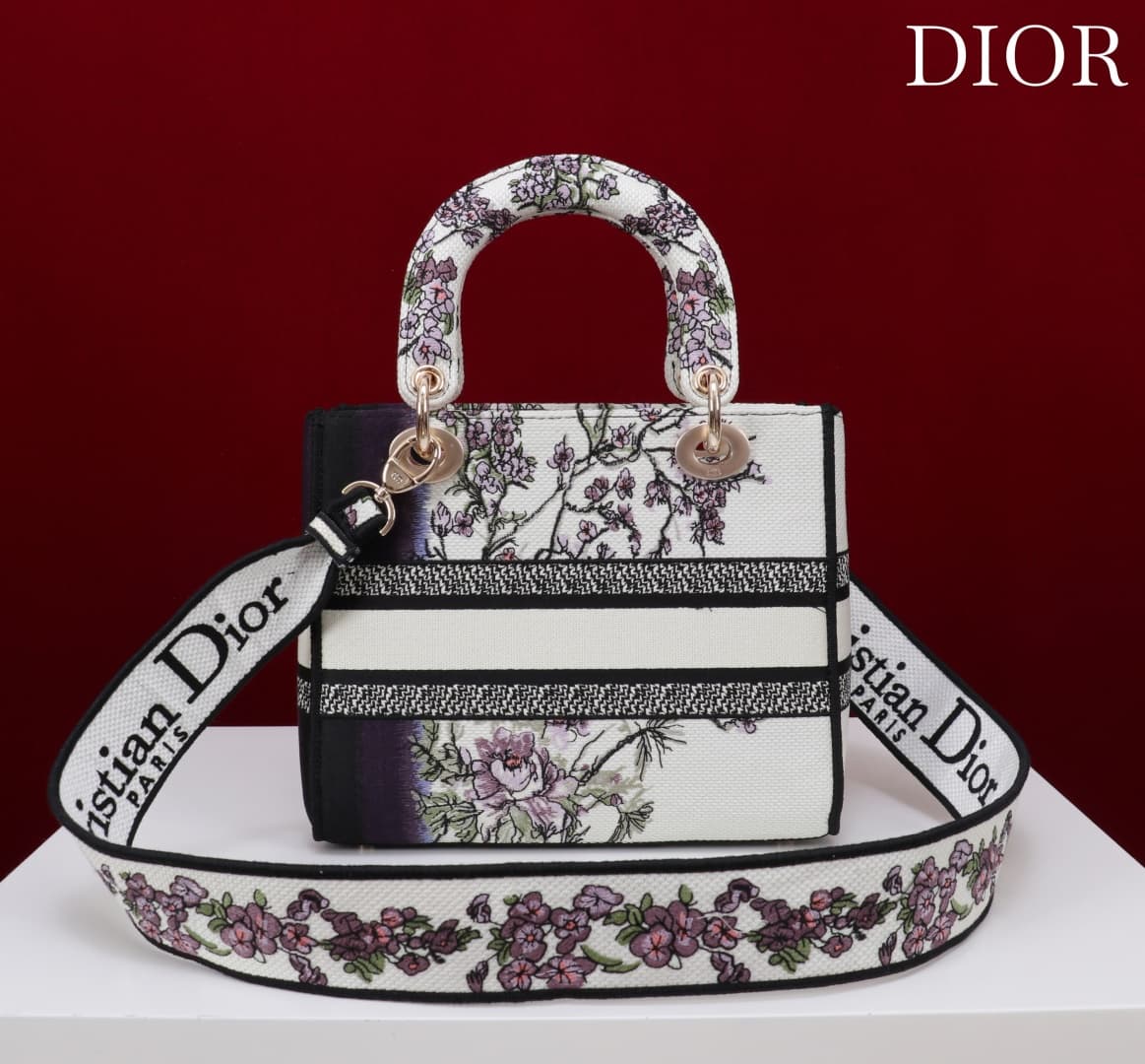 Medium Lady D-Lite Bag White and Purple Embroidery High