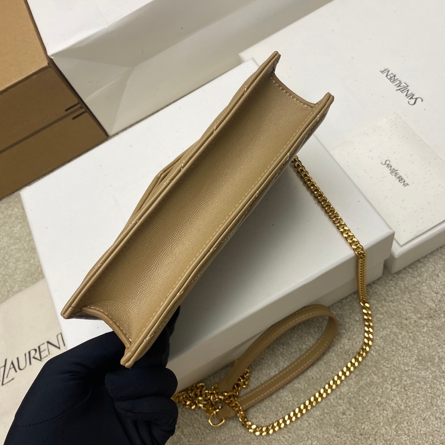 Saint Laurent Monogram Matelassé Cassandre Wallet on Chain Milk Tea Apricot Lambskin 393953 High