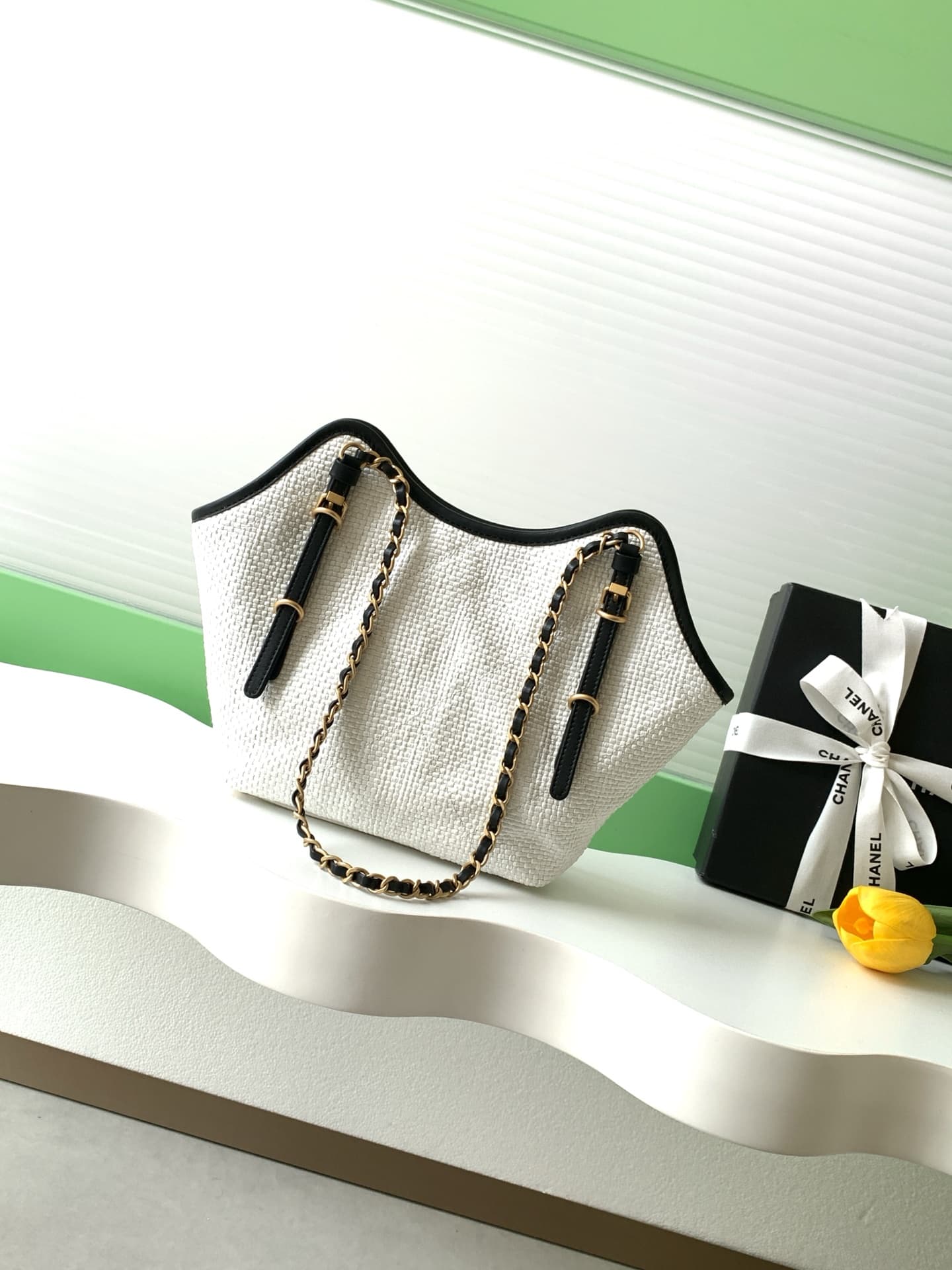 Chanel Shopping Bag Braided Raffia Calfskin & Gold-Tone Metal White & Black  AS6015 A