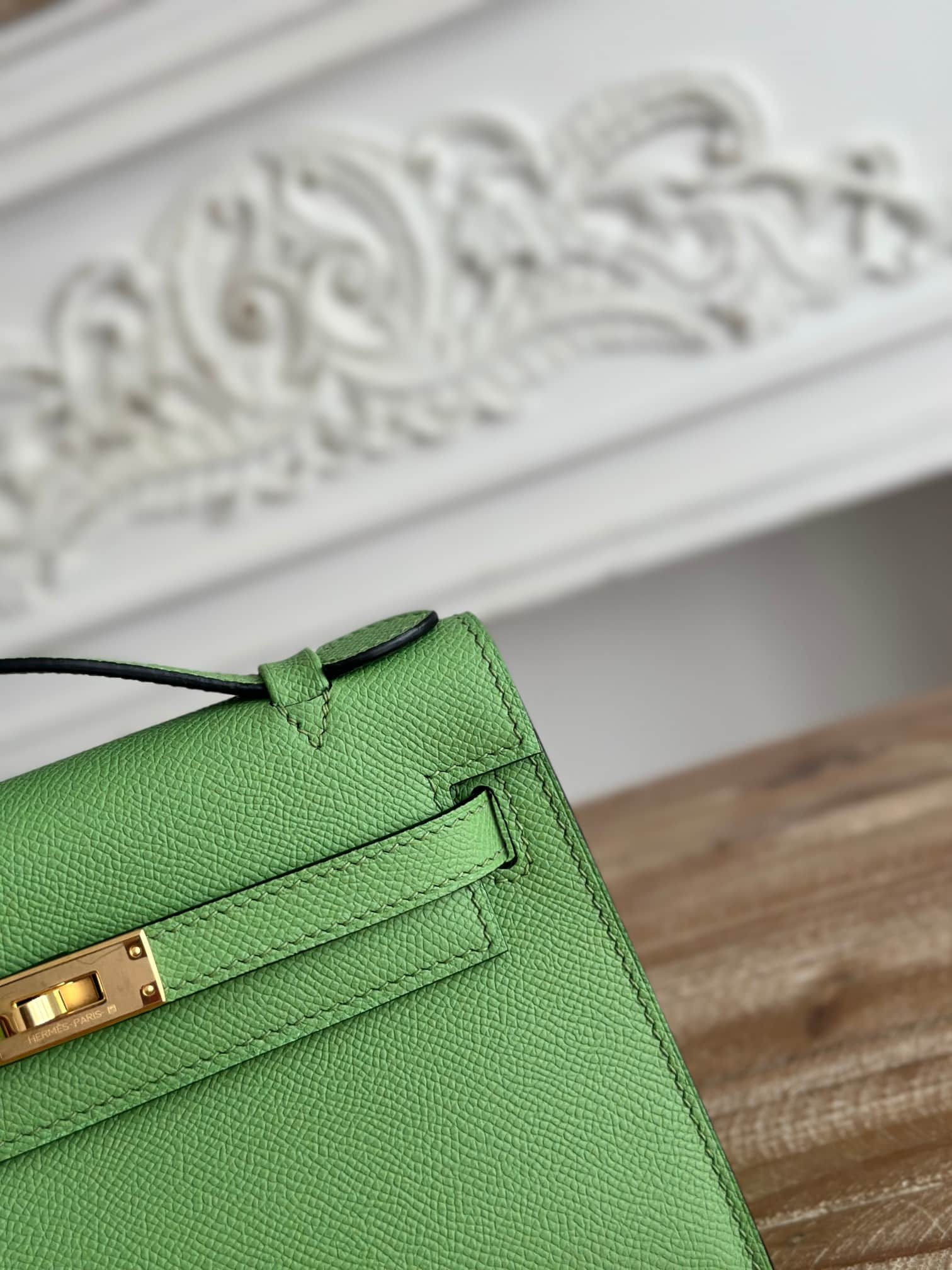 Hermes Kelly Pochette Bag Epsom Leather Silver/Gold Metal Vert Criquet WAX High