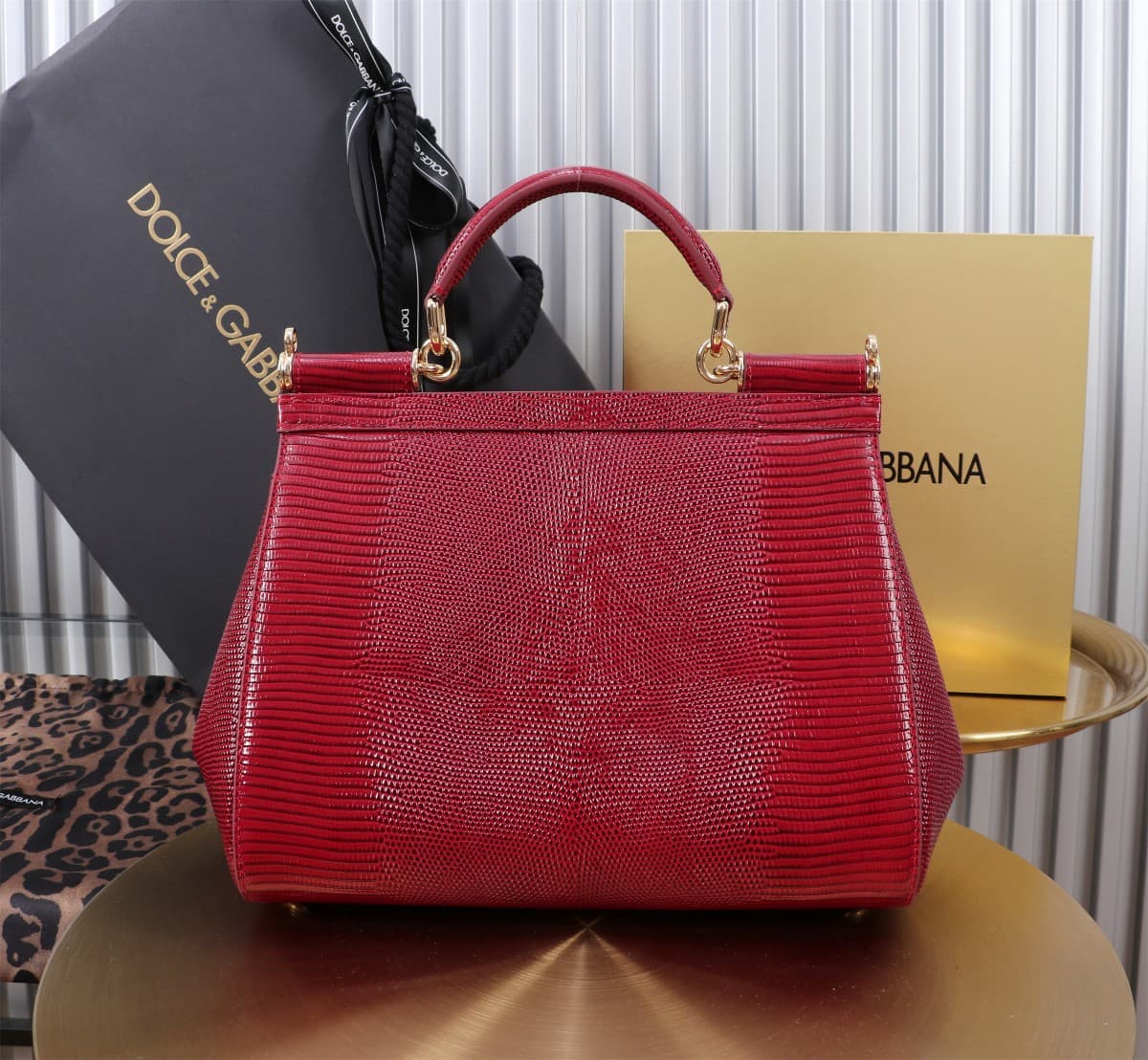 Sicily Handbag 25cm in Iguana Print Calfskin and Crystal DG Logo Patch High