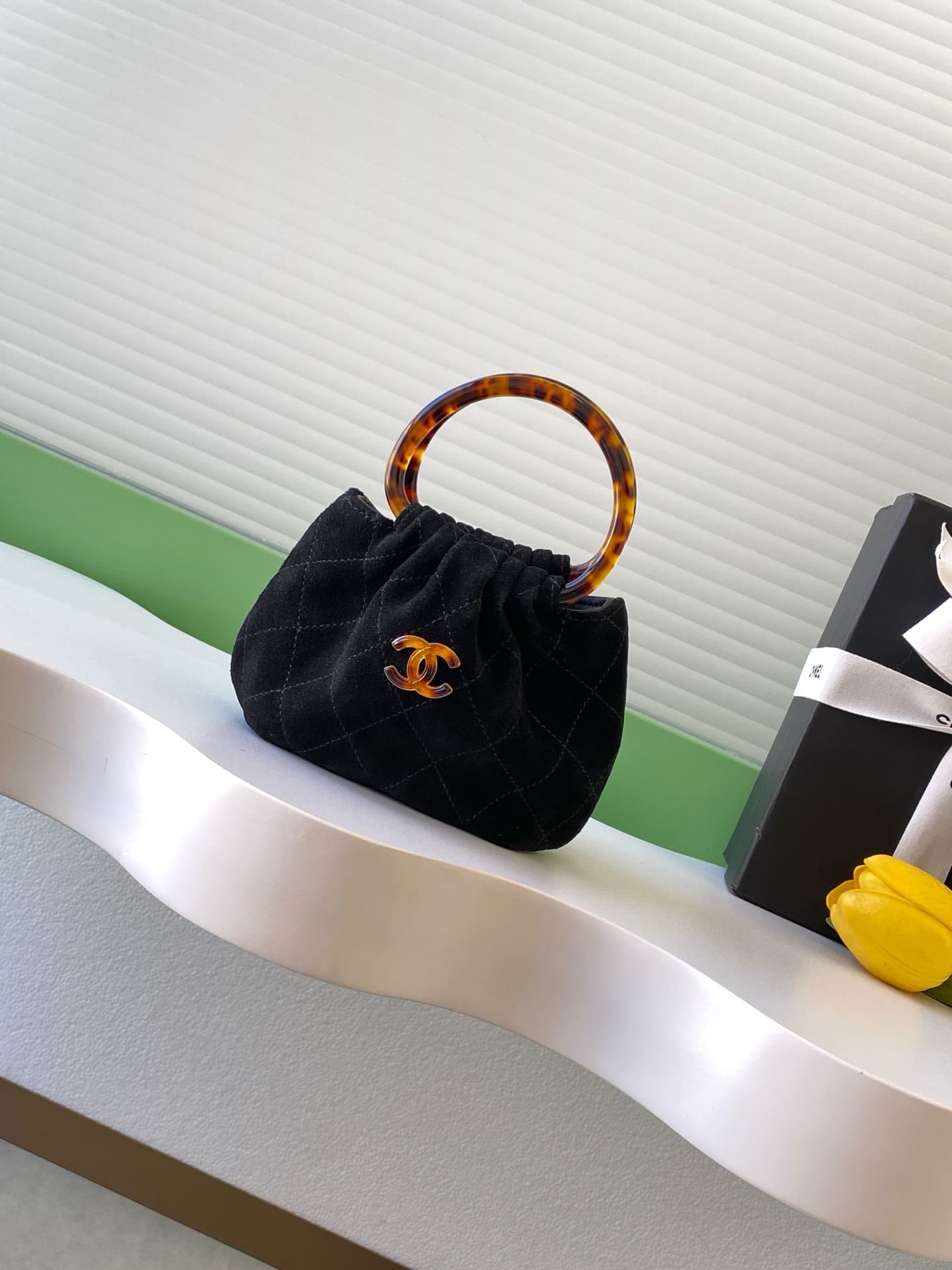 Chanel Mini Hobo Bag Suede Calfskin Turtoise-Shell Effect Plexi & Gold-Tone Metal Black AS4981 High