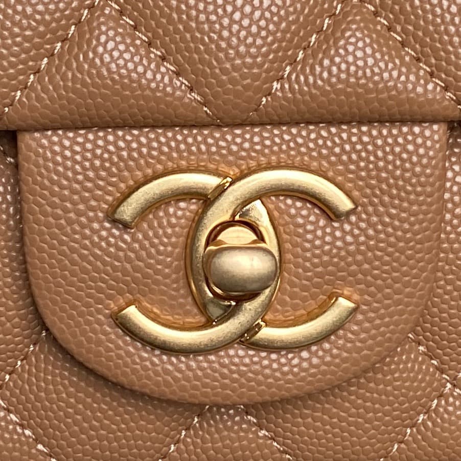 Chanel Mini Flap Bag with Top Handle Grained Shiny Calfskin & Gold-Tone Metal Caramel AS5701 A