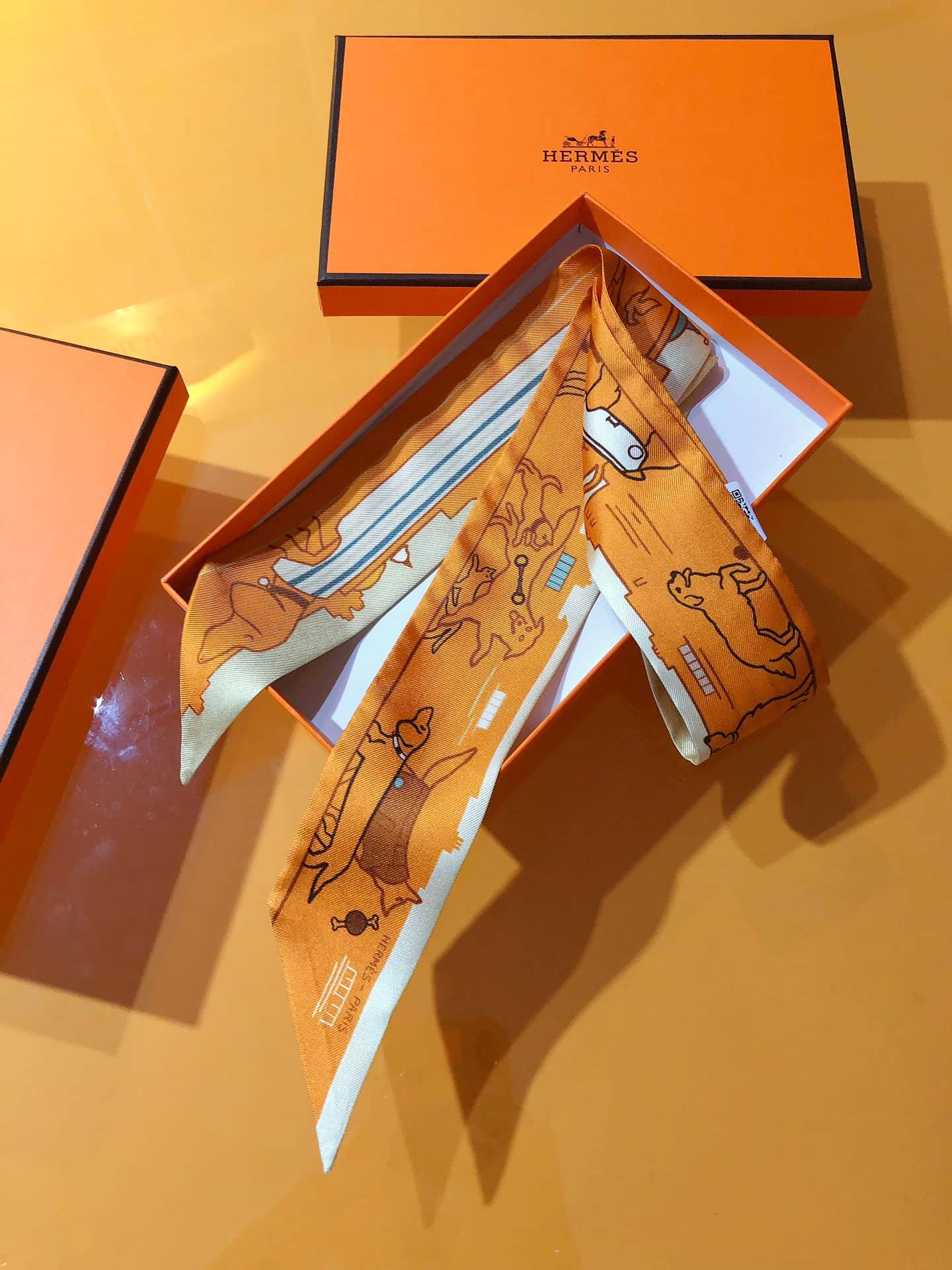 Hermès Silk Les Chiens Parisiens Twilly Scarf