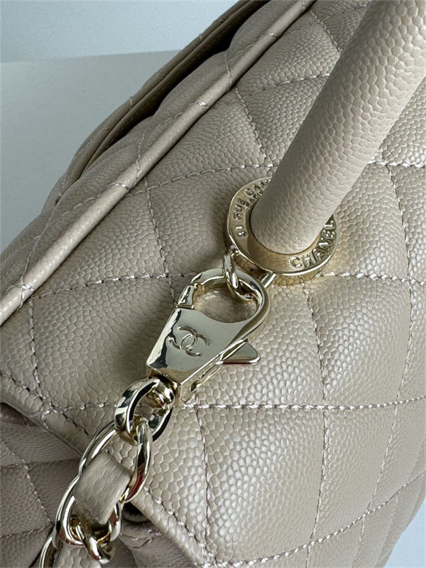 Medium FLAP BAG WITH TOP HANDLE Grained Calfskin Beige-binding Gold Metal High