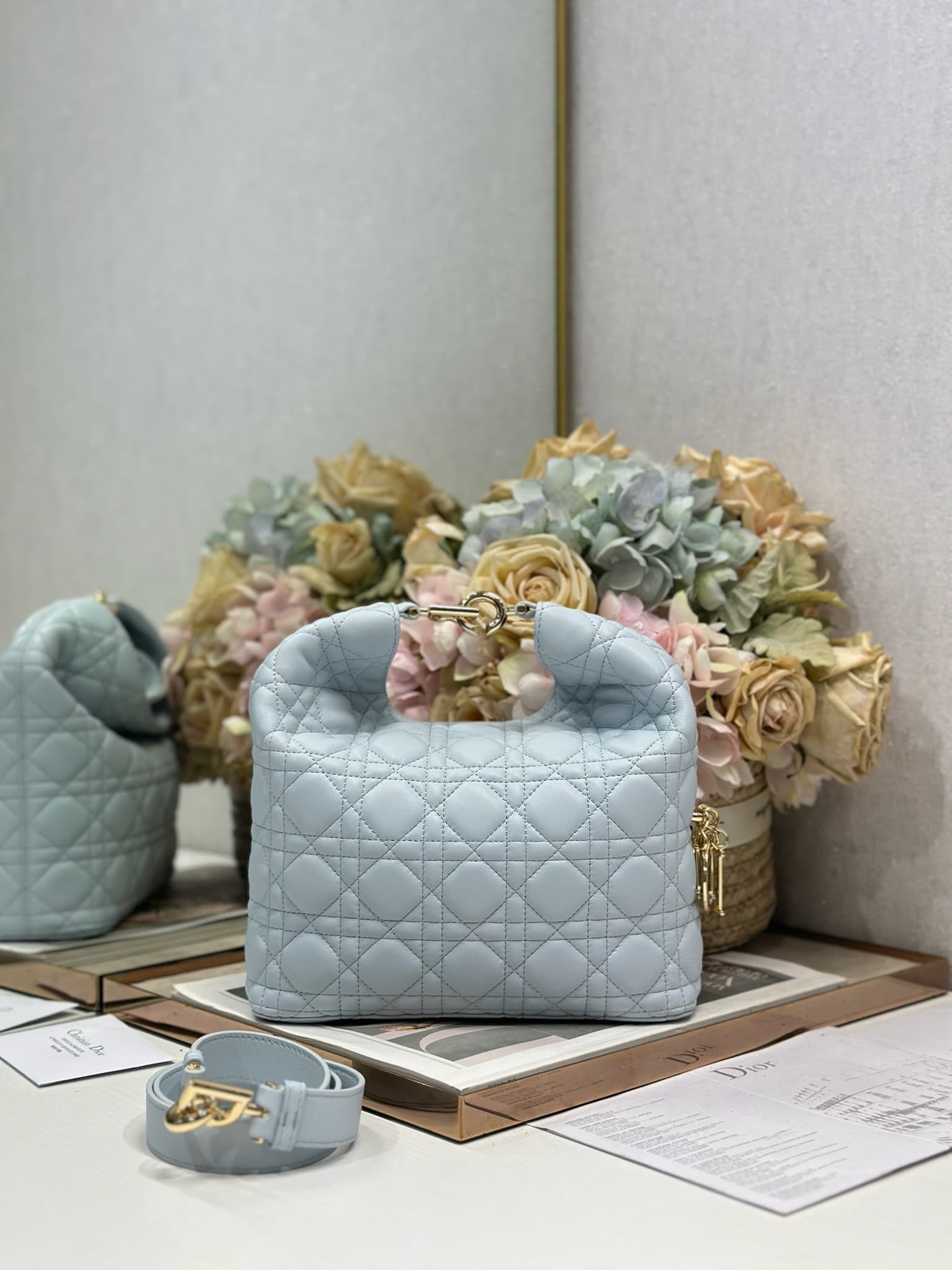 Dior Macrocannage Calfskin Handbag Ice Blue High