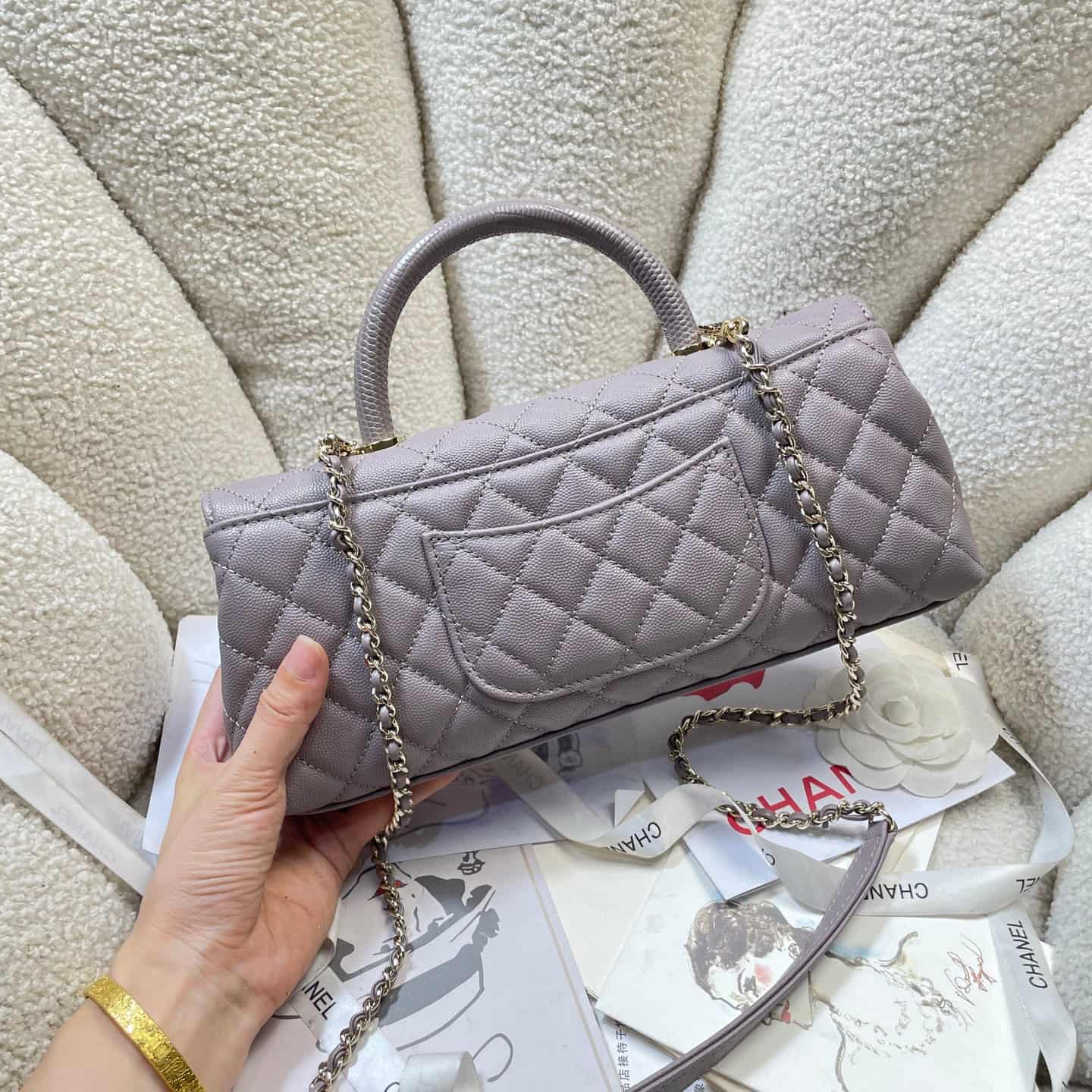 Chanel Maxi Flap Bag with Top Handle Grained Calfskin& Gold-Tone Metal AS6091 Grey A